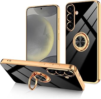 Dinick Black for Samsung Galaxy S25 Plus Case with Ring Holder Kickstand | Soft TPU Gold Plated Sides, Anti-Scratch Shockproof Protection, Slim, Magnetic Stand Cover