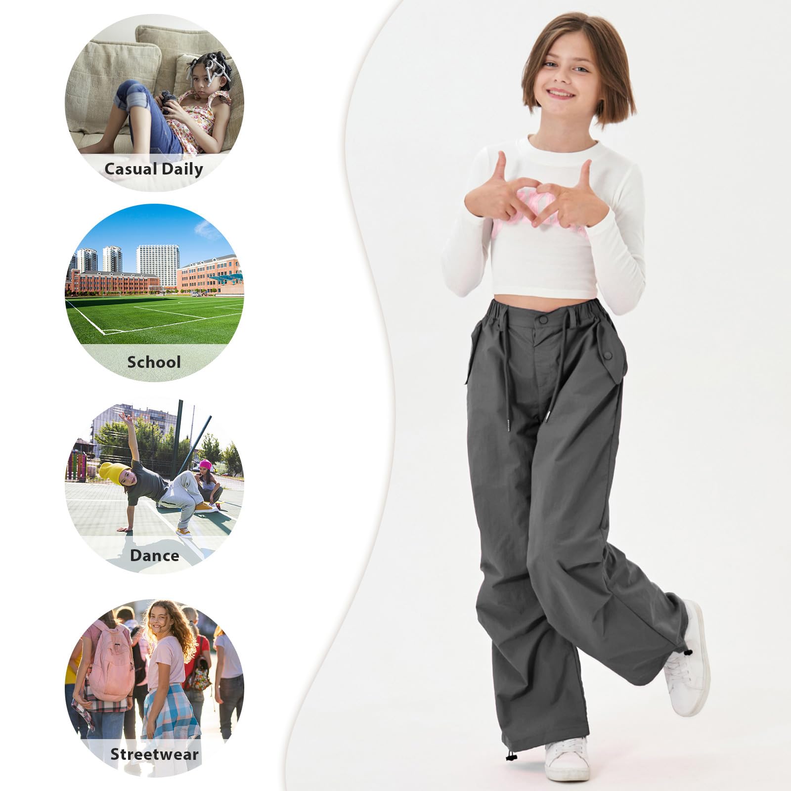 Rolanko Pantalones de paracaídas para niñas, pantalones cargo Y2K con bolsillos, pantalones deportivos Harajuku para niños de 4 a 14 años