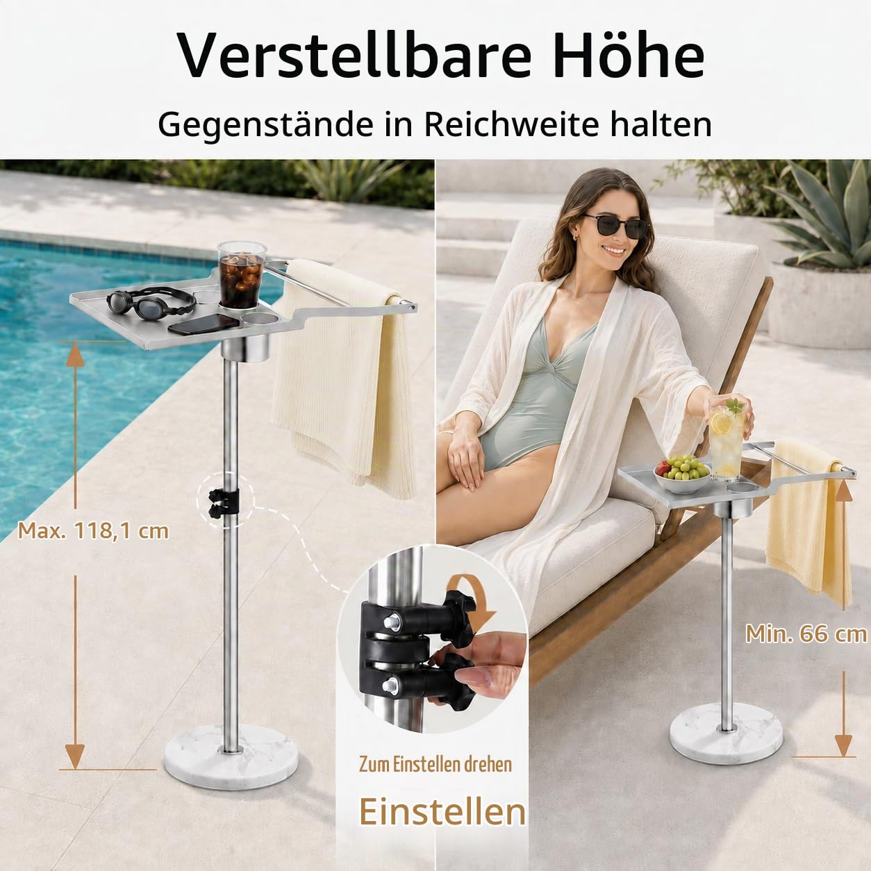 KES Handtuchhalter Outdoor für Whirlpool, Höhenverstellbar Handtuchständer Edelstahl mit 2 Getränkehaltern 360° Drehbar Pool Handtuchhalter Stehend Marmor, Passend für Spa/Pool Gebürstet, OTR201-2