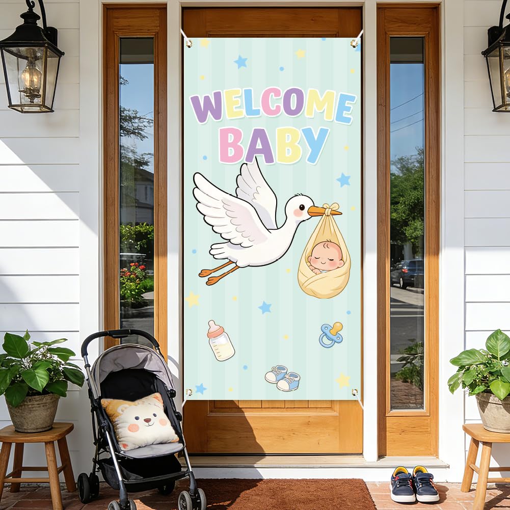 arricraft 1pc Welcome Theme Polyester Door Cover, 72.83"x35.43" Gender Reveal Backdrop Banner Door Porch Sign Photography Background for Party Porch Home Decor Accessories