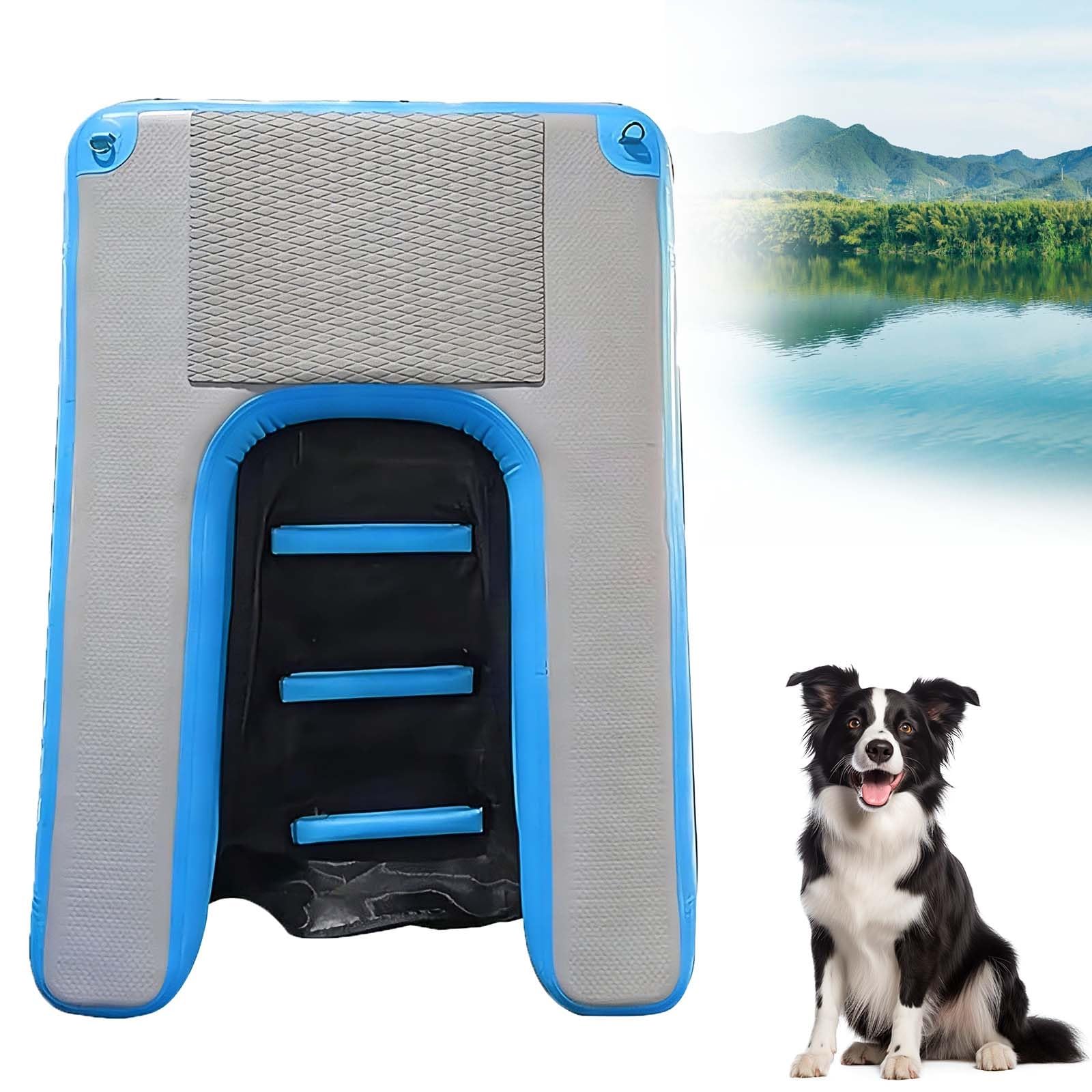 Inflatable Dog Water Ramp, Portable Dog Float Platform, 150×100×10cm, Max 80 Kg, Non-slip EVA Surface, High Density Trampoline Fabric, Scratch Resi-stant, For Pool, Lake, Beach(Blue)