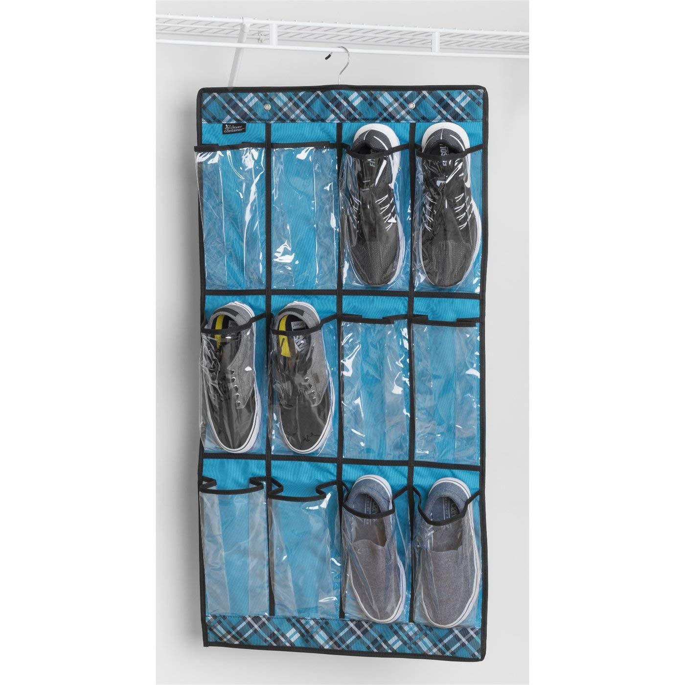 RoomForLife – Door Hanging Organizer/Teal Plaid design / 20-Pocket, 2-Sided Over the Door Hanging Shoe Organizer/Multipurpose Organizer/Zipper Compartment / 21" x 41" x 0.25"