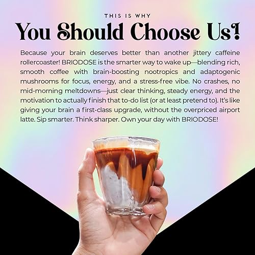 Miniatura 5 de Café de hongos adaptogénico Briodose con colágeno alimentado con pasto, melena de león, chaga y L-teanina, 45 mg de cafeína para piel y cabello sin