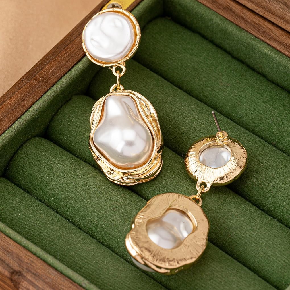 Chunky Gold Baroque Pearl Dangle Earrings for Women Vintage Pearl Statement Drop Earrings Statement Irregular Pearls Dangling Earring Jewelry Gifts - Image 6