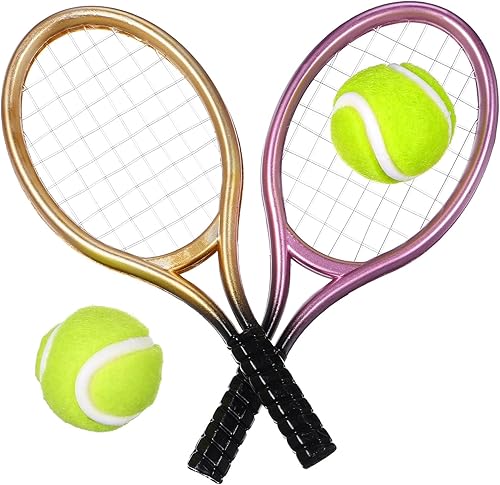 Miniatura 9 de TOYANDONA Juego de 6 mini tenis con pelota en miniatura y raquetas aleatorias, accesorios para muñecas deportivas, equipo de jardín de decoración,