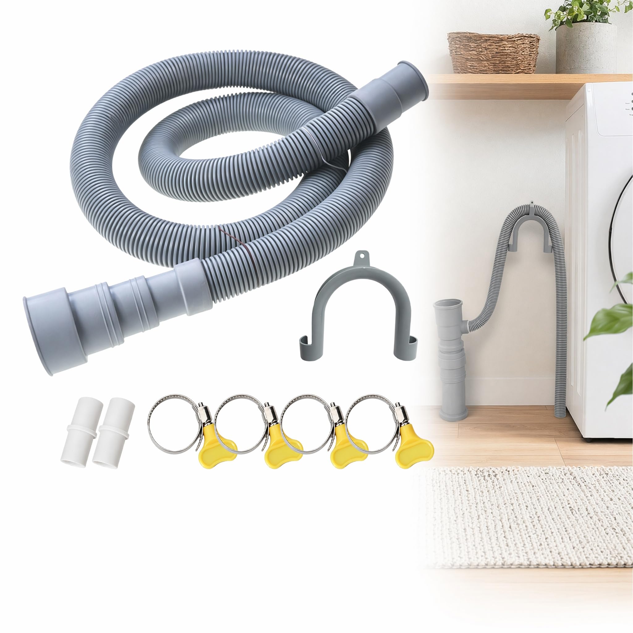 Xiaojnhong Grey 1.5M Washing Machine Drain Hose Extension Caravan Waste Water Pipe Kit Replacement Extension For Machines Dryers Dishwashers With 1 Waste Pipe With 2 White Connector 4 Clamps And U Bracket(20Mm/Gray)
