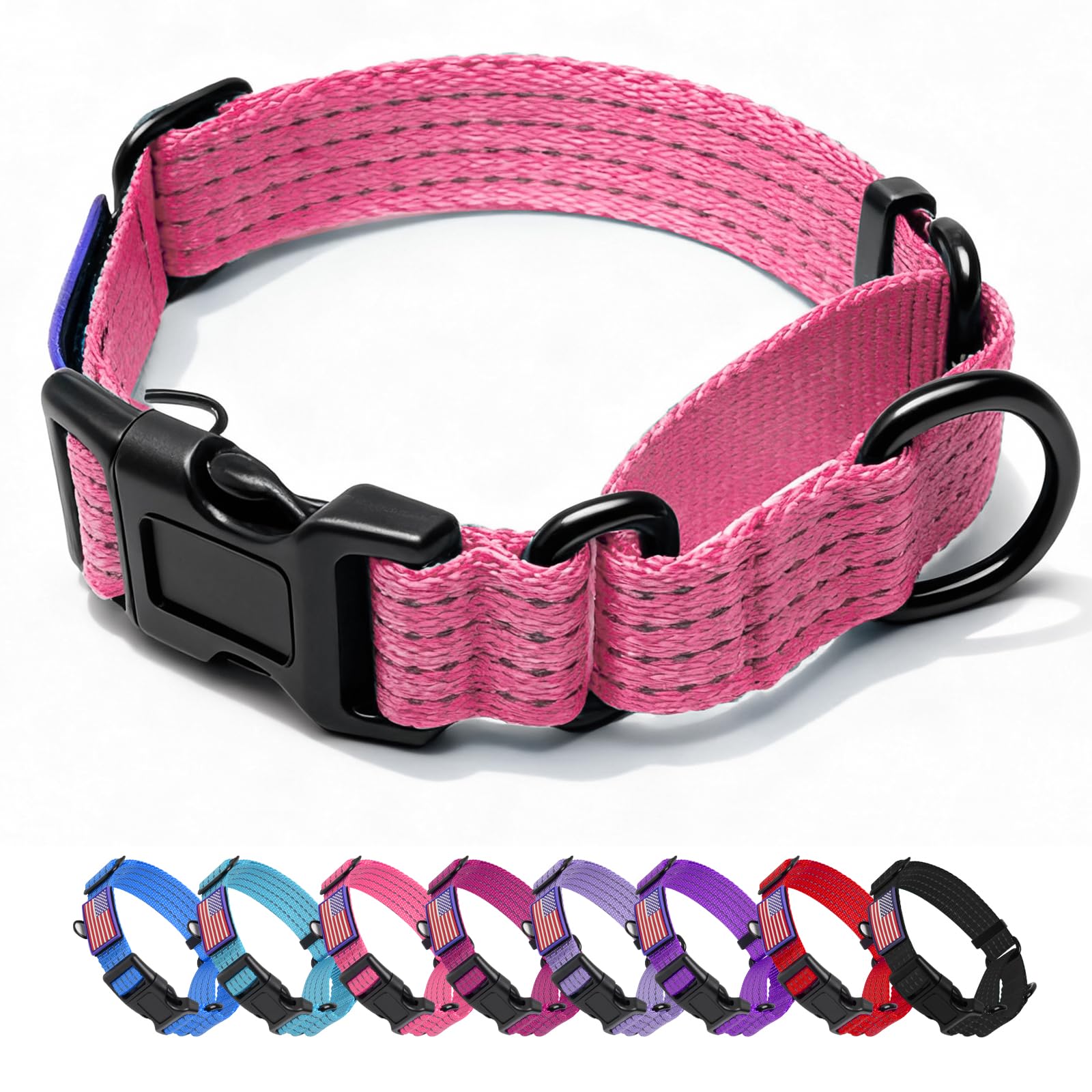 Martingale Dog Collar Reflective NO Pull with USA Flag, L,Pink