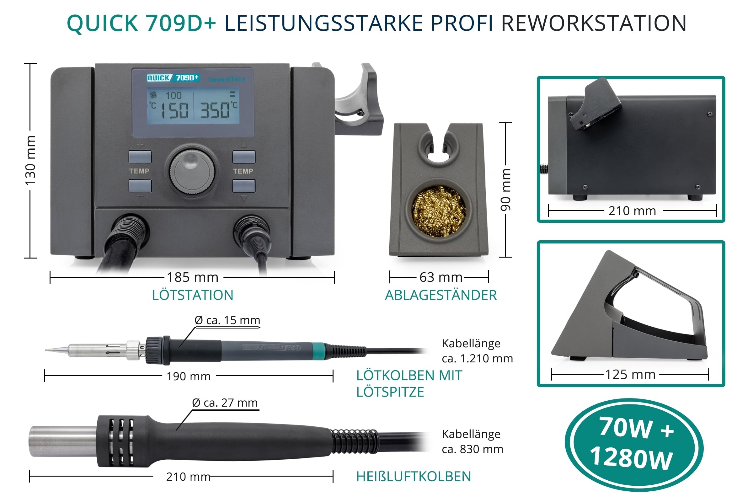 QUICK 709D+ 2in1 Reworkstation Sensor-geregelt und digital einstellbar 1350 Watt, Heißluft 100-500°C bis 50L/Min, 70 Watt Lötkolben bis 480°C - SMD Reworkstation - Standby - Auto-Kühlsystem