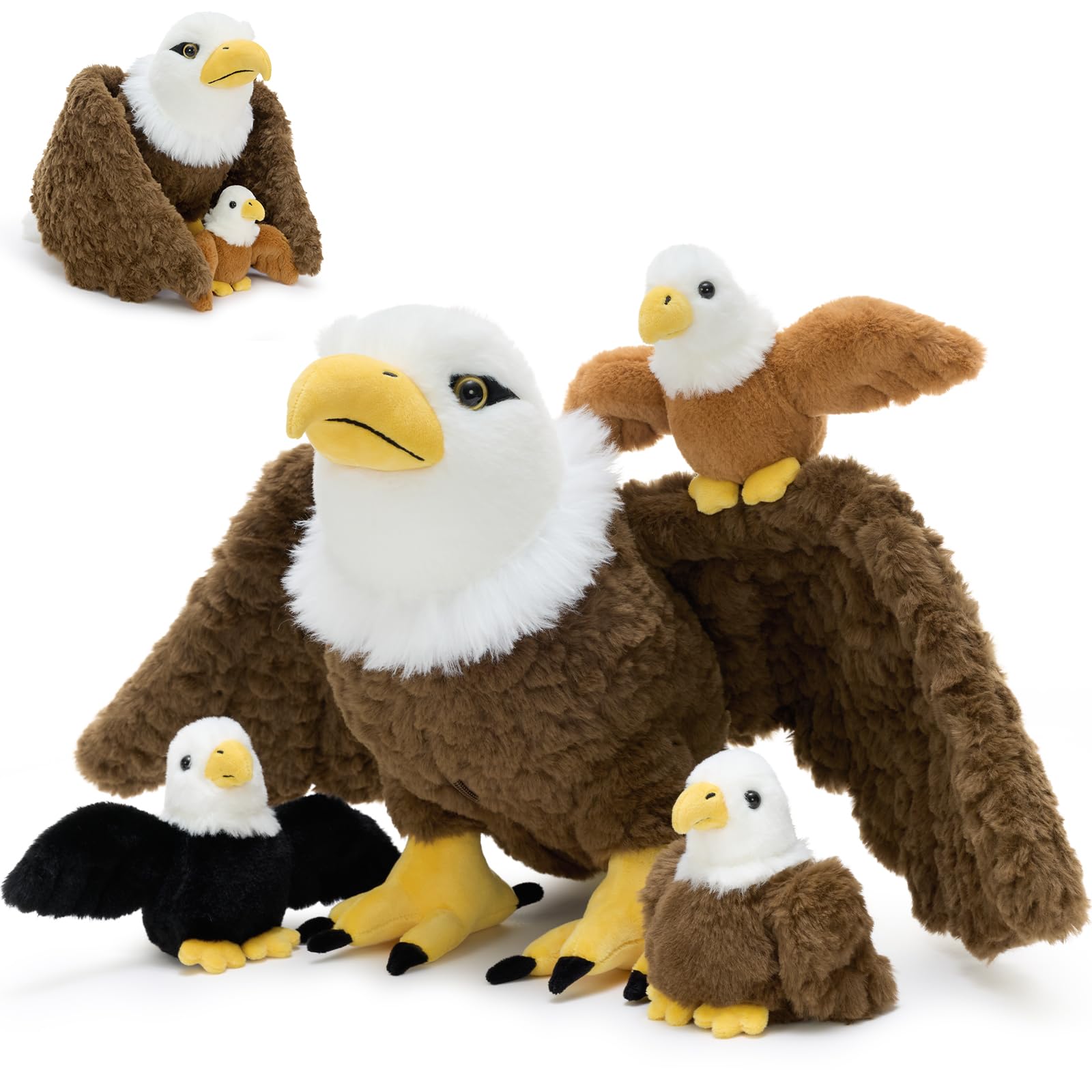 4Pcs Bald Eagle Stuffed Animal with Bendable Wings, 31.5 Inch Mommy Eagle Plush with 3 Chicks, Eagle Plushie Toy Gifts for Boys and Kids