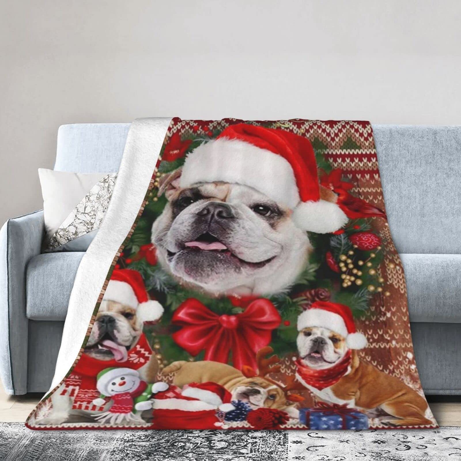 Lsjuee Christmas Flannel Fleece Blanket 60"X50" Merry Christmas Bulldog Decorative Sofa Throw Blanket Funny Ultra-Soft Travel Winter Blankets for Adult Keep Warm