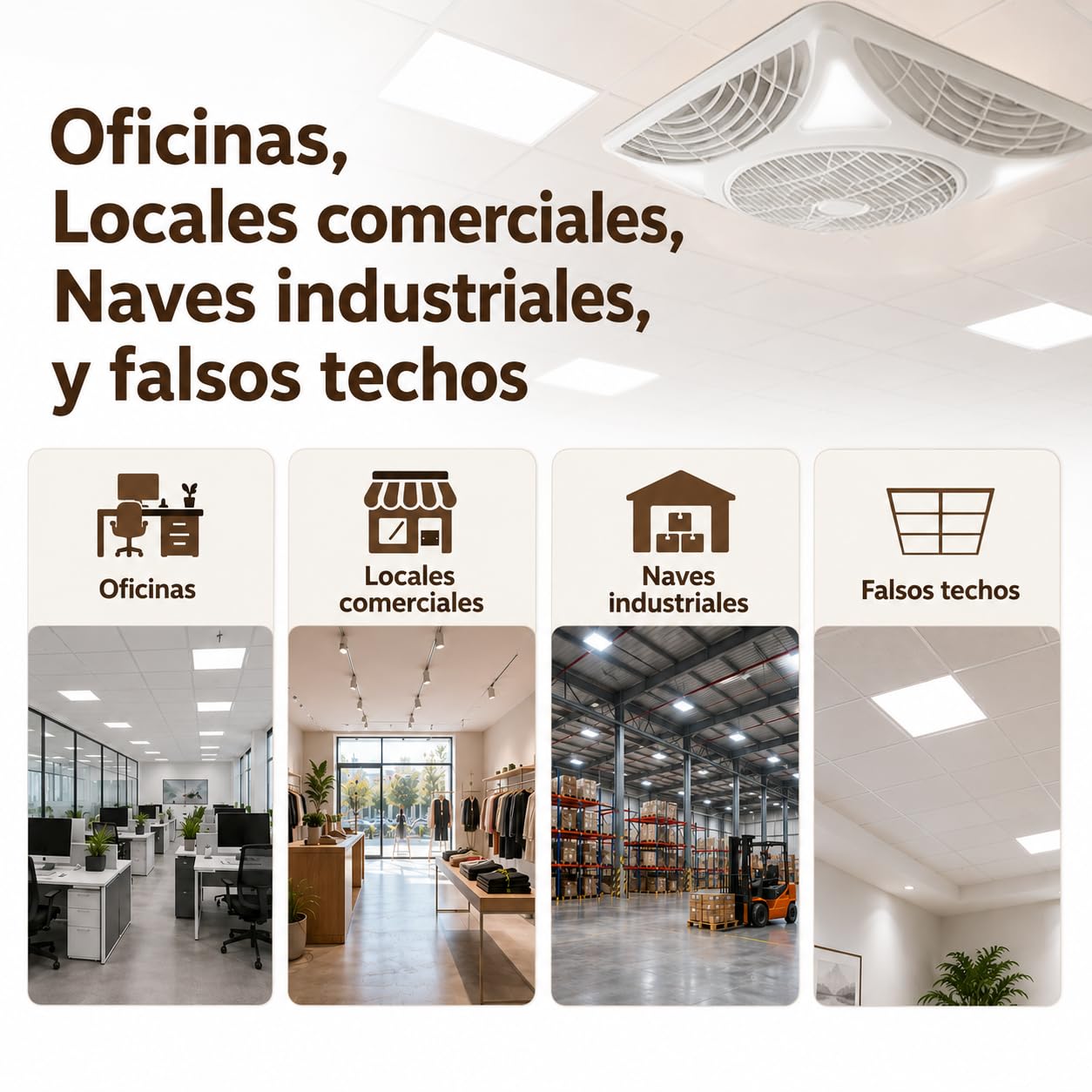 IluminaShop - Ventilador de Techo LED Strong, 6000K,Control Remoto, Motor DC + Luz 68W, Silencioso, 3Velocidades, Rejilla Rotativa, Recirculación de Aire,Ideal Oficinas, locales comerciales