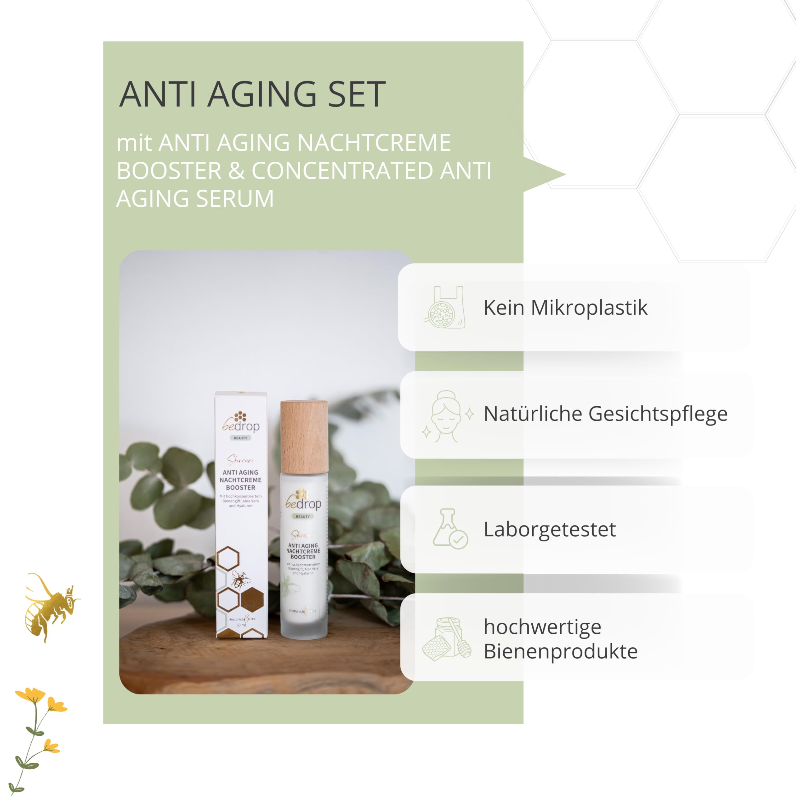 bedrop Anti-Aging-Set CONCENTRATED Serum & Nachtcreme Booster hochdosiertes Bienengift, straffend & regenerierend, Anti-Aging Effekt über Nacht, frei von Parfüm & Duftstoffen