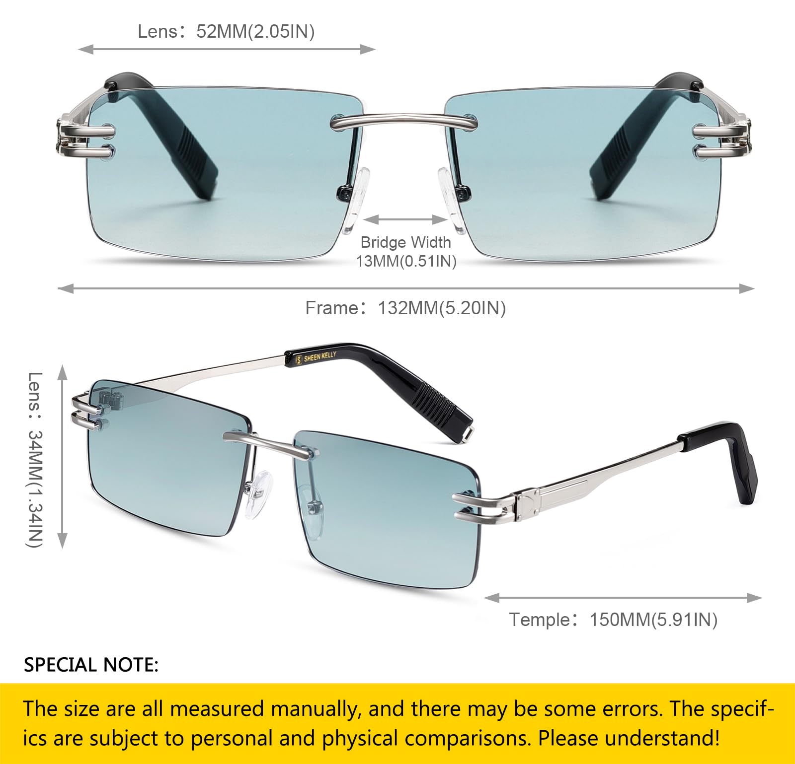 Lunettes de soleil rétro sans monture pour hommes femmes lunettes de soleil à monture ultra-petite rectangulaire voir à travers les lunettes de lentille
