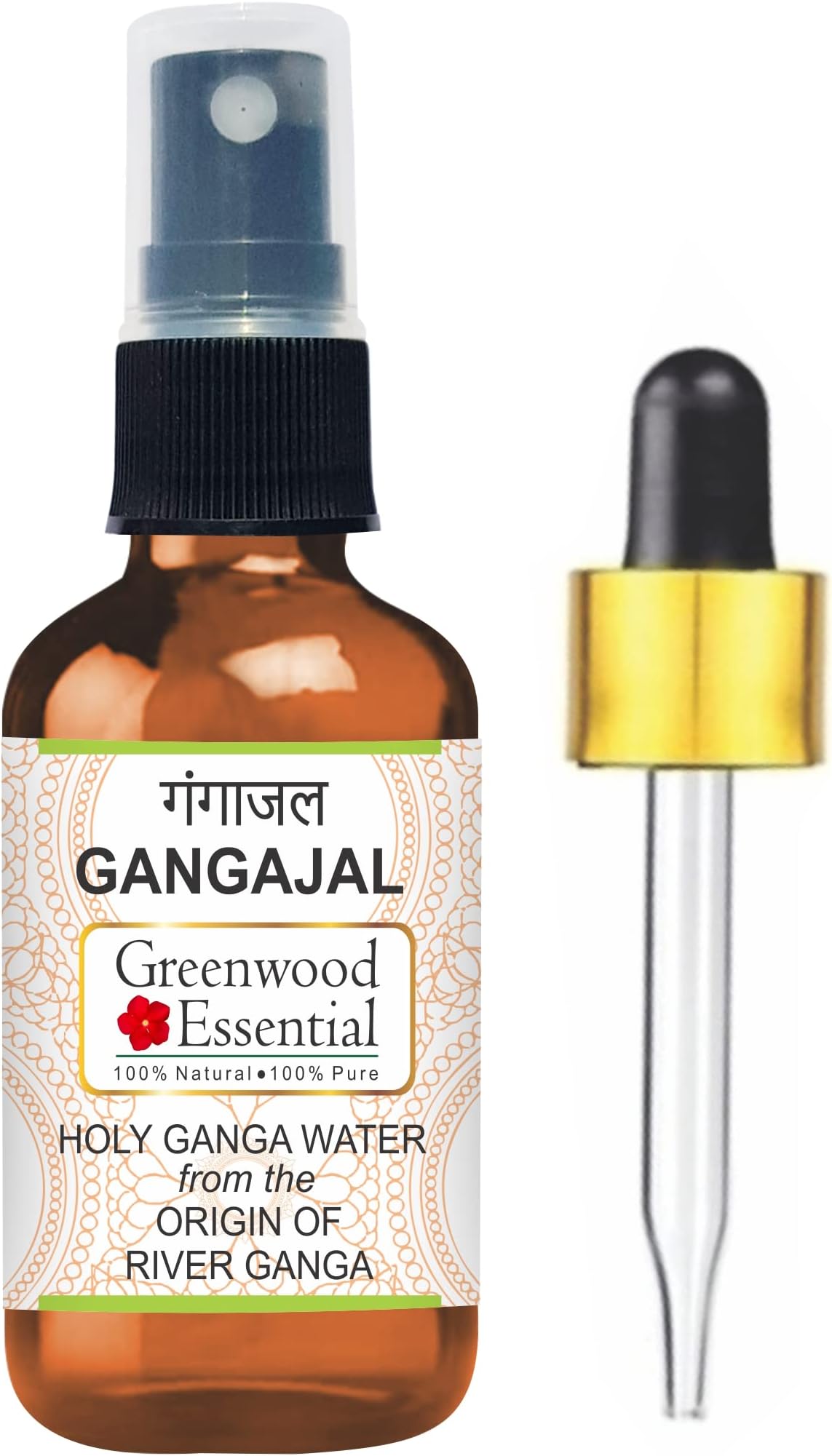 GREENWOOD ESSENTIAL Gangajal Holy Ganga Water from the Origin of River Ganga at Devprayag in Amber Glass Bottle with Spray & Dropper 100ml