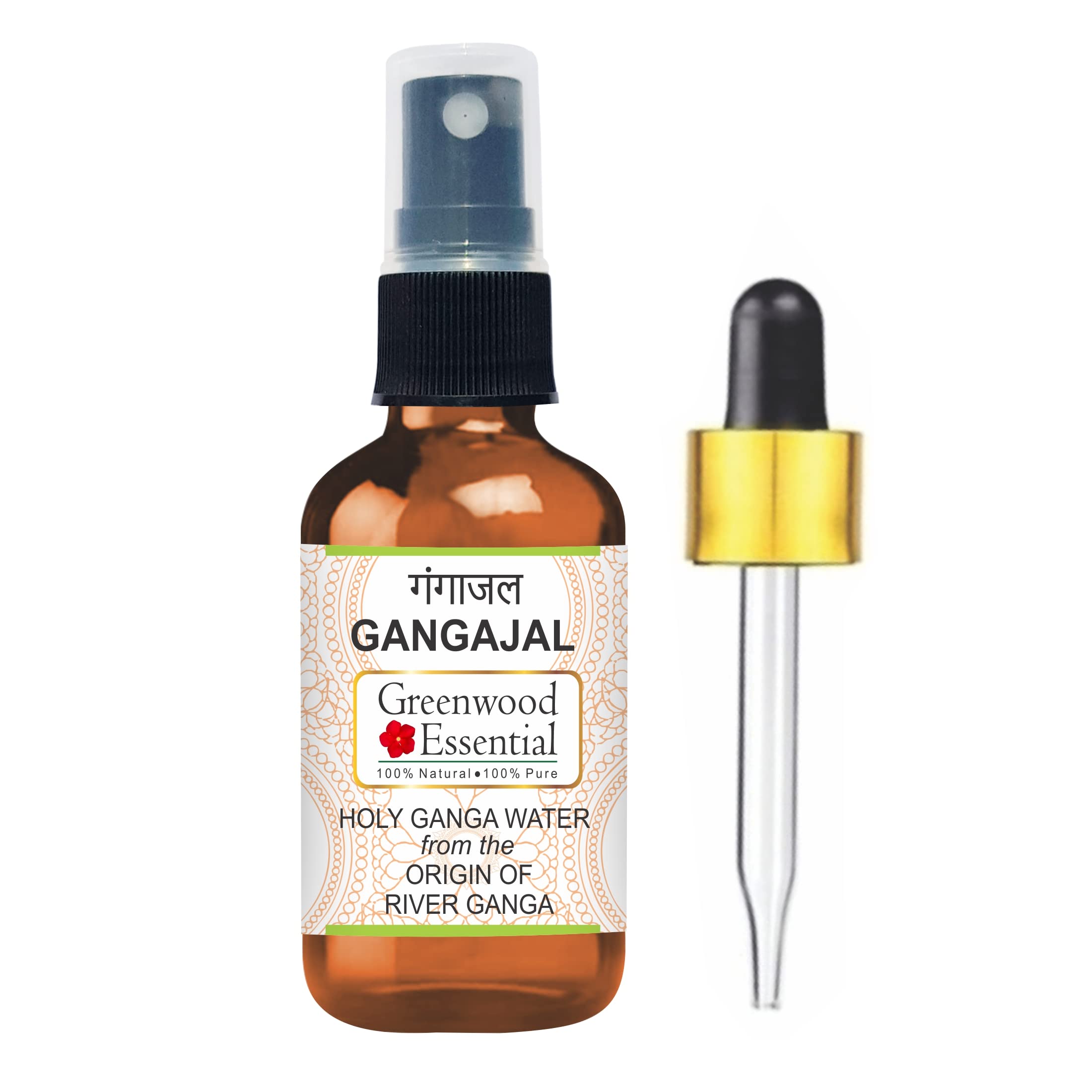 GREENWOOD ESSENTIAL Gangajal Holy Ganga Water from the Origin of River Ganga at Devprayag in Amber Glass Bottle with Spray & Dropper 100ml
