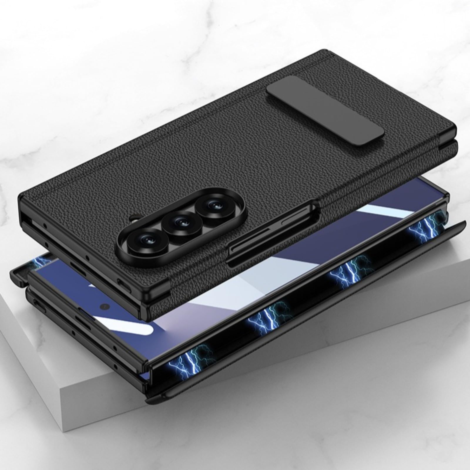 Lekkie Etui Do Samsung Galaxy Z Trifold, Wbudowana Osłona Ekranu I Obrotowa Podstawka 270°, Skórzana Powierzchnia, Pełna Ochrona, Osłona Zawiasu (czarny)