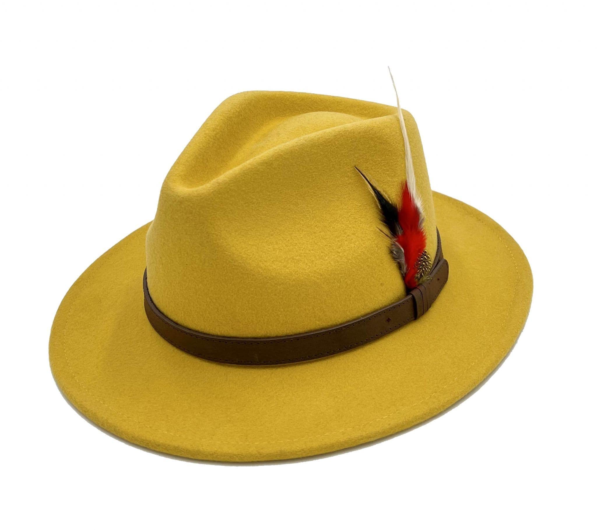 Fairy Trendz Unisex Mustard Mens Trilby Adjustable Band Feather Fedora Hat Womens Wool Cowboy Style Party Wear Hat