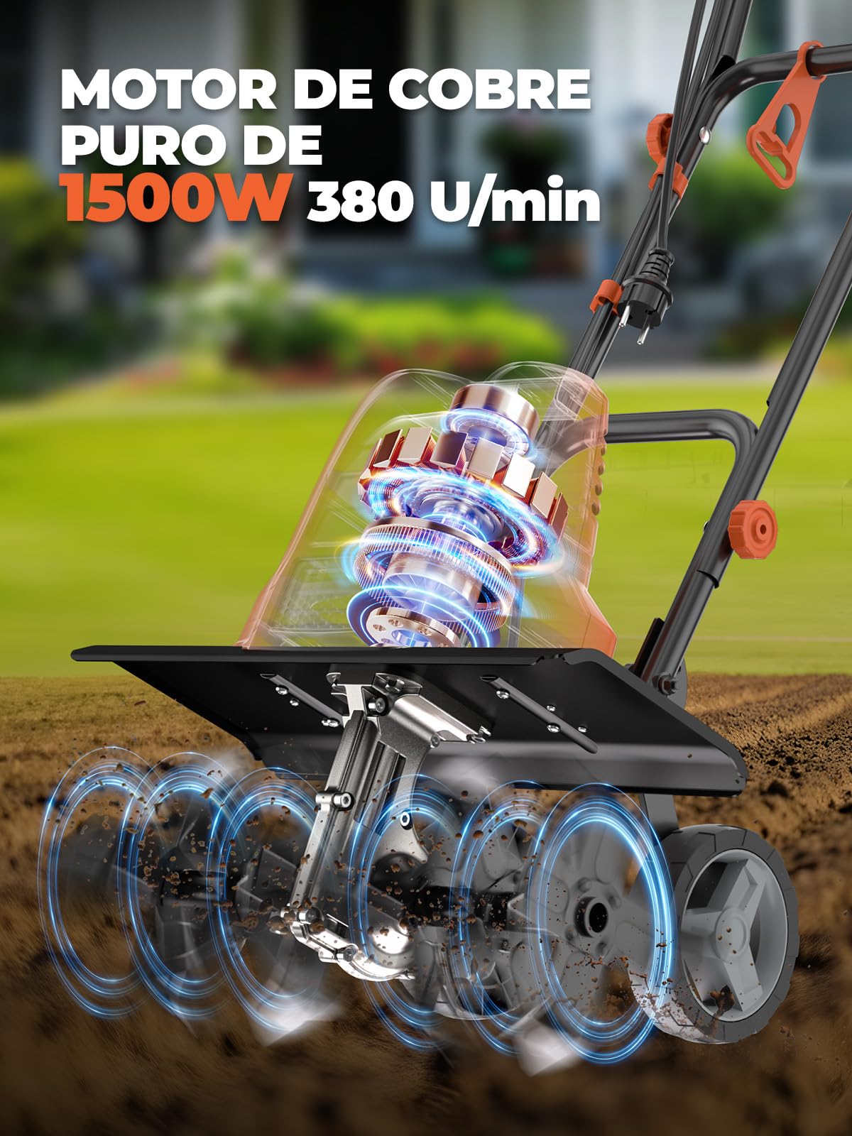 Motoazada 1500W, Ancho de Trabajo 45cm, Profundidad 22cm, Motocultor Ligera con 6×4 Púas de Acero Resistente, Mango Plegable, Doble Botón de Seguridad, Protección contra Sobrecalentamiento