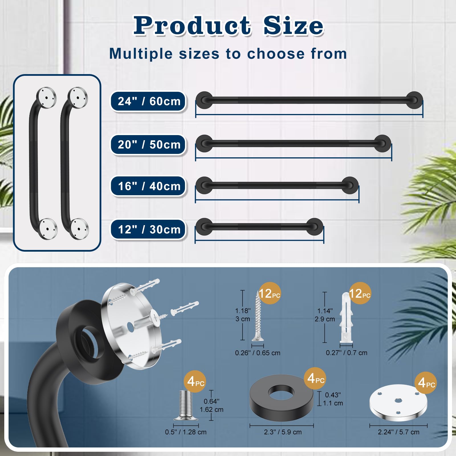YF Lot de 2 Barres d'appui Salle de Bain, Poignées de Douche Antidérapantes en Acier Inox 201, Barres de douche de 30 cm, Sécurité pour Seniors, Handicapés et Enfants, Couleur, Noire