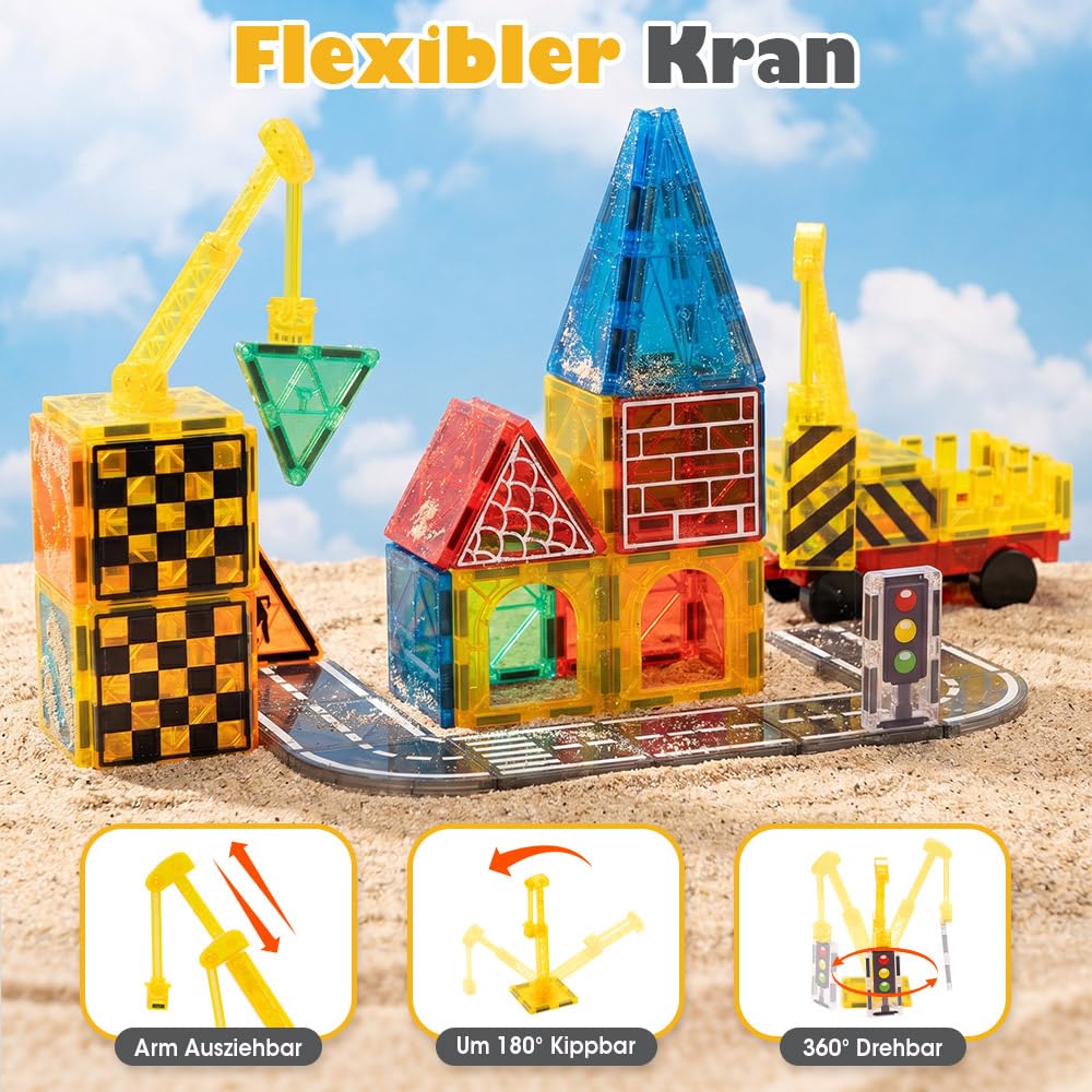 Playpals Magnetbausteine 60 Teile, Konstruktionsspielzeug, Kran Ausziehbar | Magnetische Bausteine Straße-Thema, Starke Magnetkraft, Kreatives Bauspielzeug, für Jungen Mädchen ab 3 Jahren, Mehrfarbig