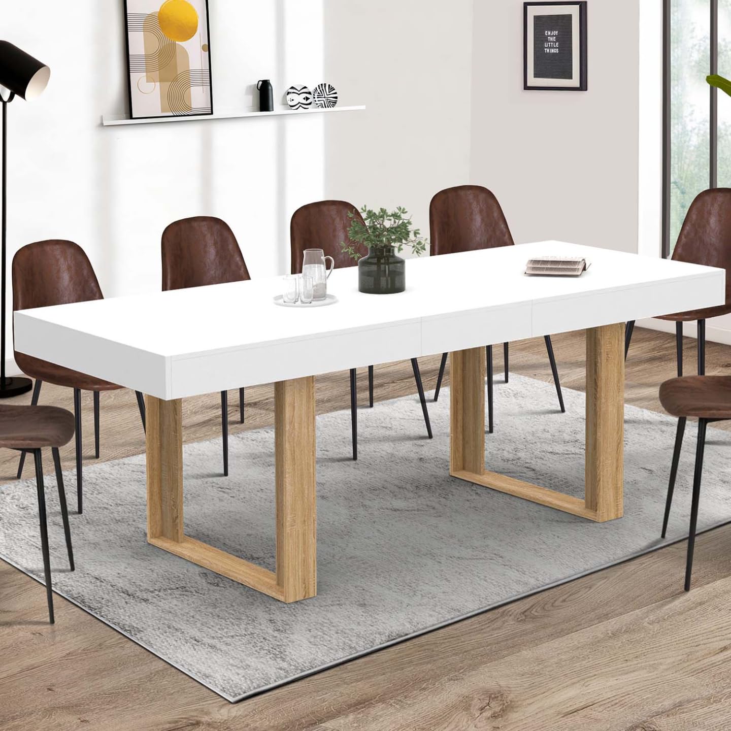 IDMarket Phoenix - Mesa de comedor extensible rectangular (4 – 8 personas), color blanco, patas de madera 160 – 200 cm)