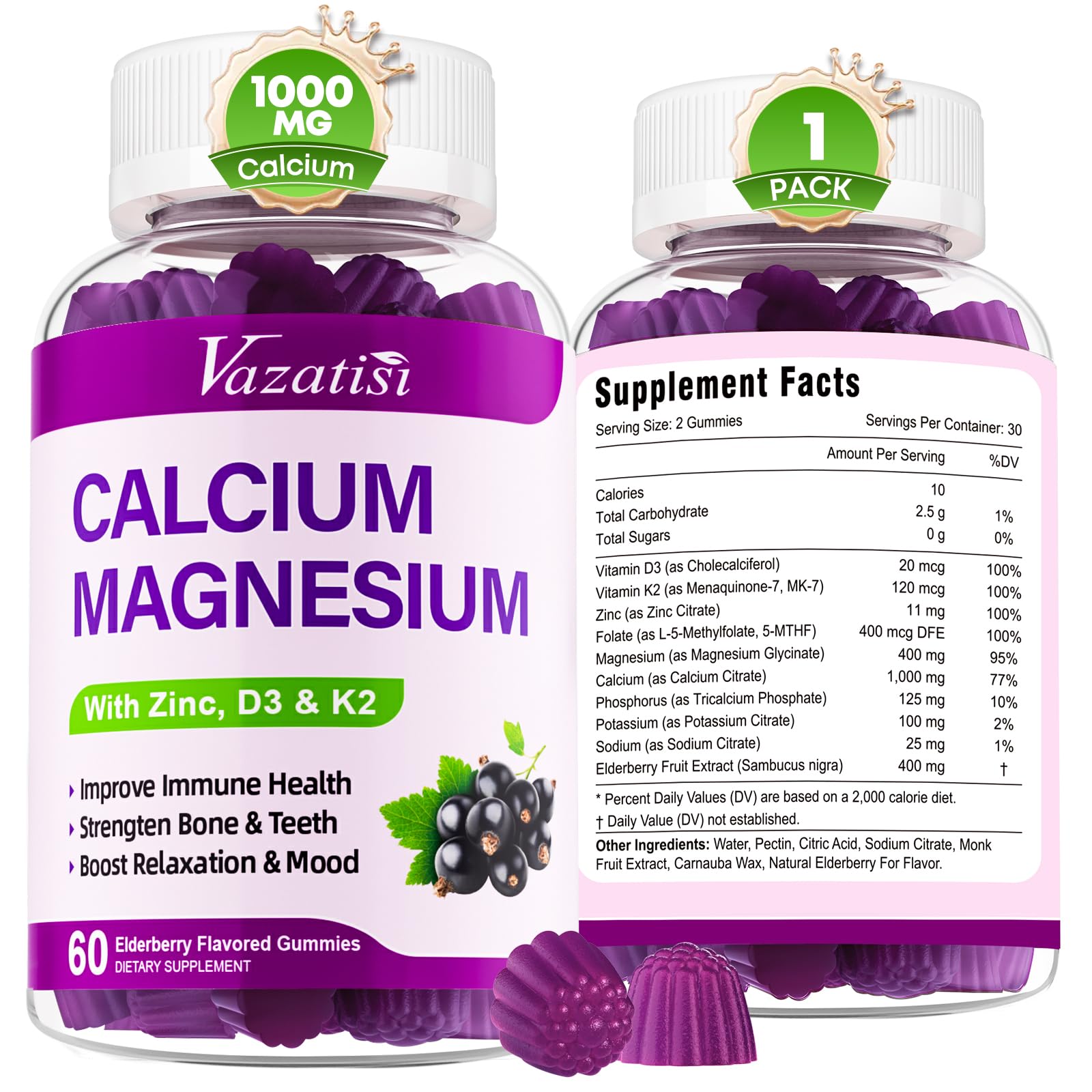 Calcium Magnesium Zinc Gummies with Vitamin D3 and K2, High Absorption Magnesium Glycinate Potassium for Immune and Muscles, Vegan Elderberry Flavor 60 Gummies Sweet Elderberry 60 Count (Pack of 1)