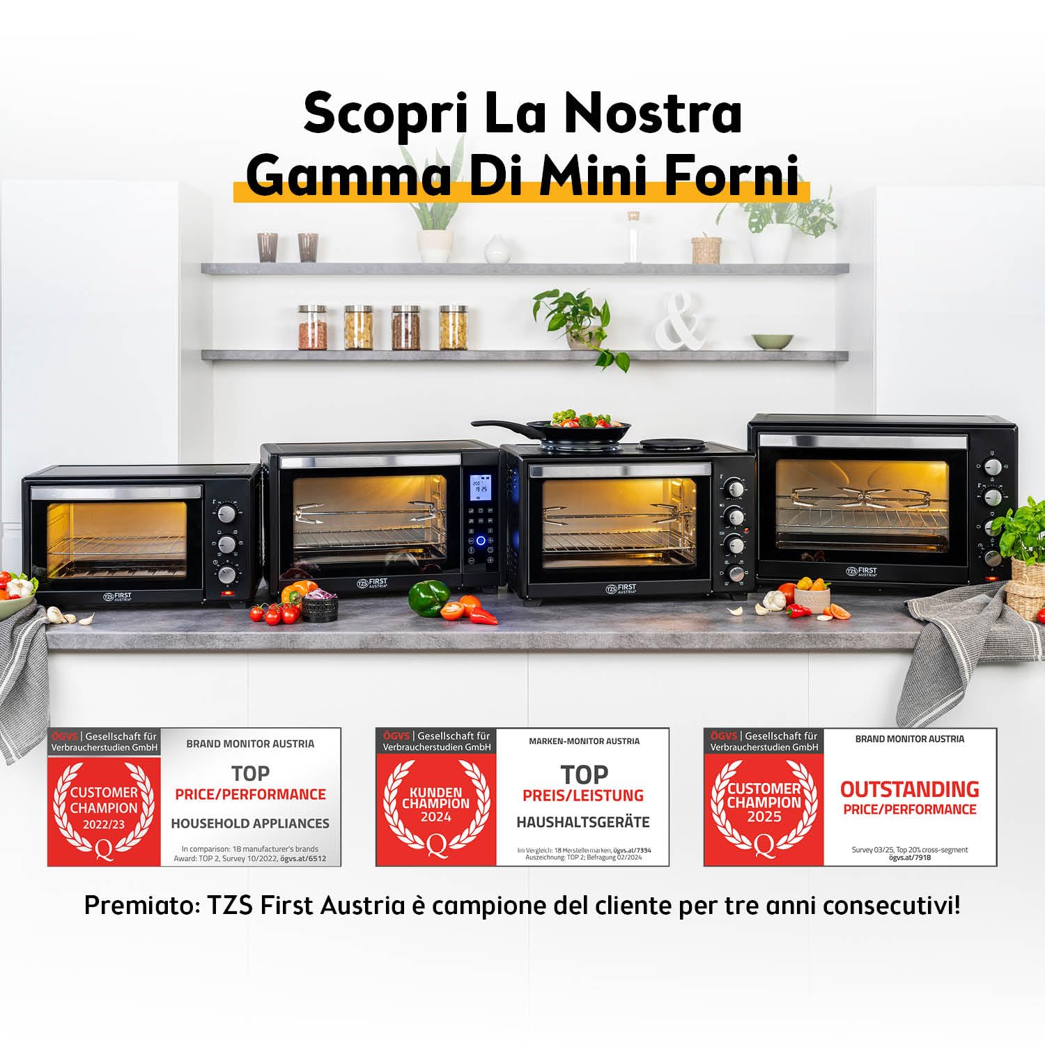 TZS First Austria Mini Forno digitale 30L 1600W Fornetto con regolazione della temperatura fino a 230°C - Con timer di 60 min, 3 altezze di inserimento, teglia e griglia Per cucine piccole e campeggio