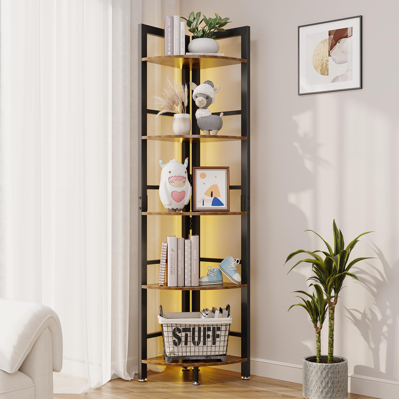 OtterOsis 5-Tier Corner Shelf with LED Light, 70 Inch