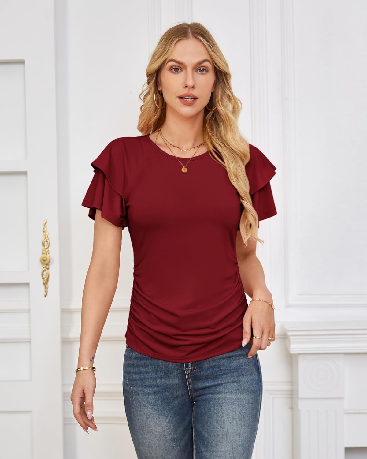 GRACE KARIN Summer Tops for Women Dressy Casual, Ruffle Short Sleeve Work Shirt, 2026 Spring Trendy Ruched Business Blouses - Image 4