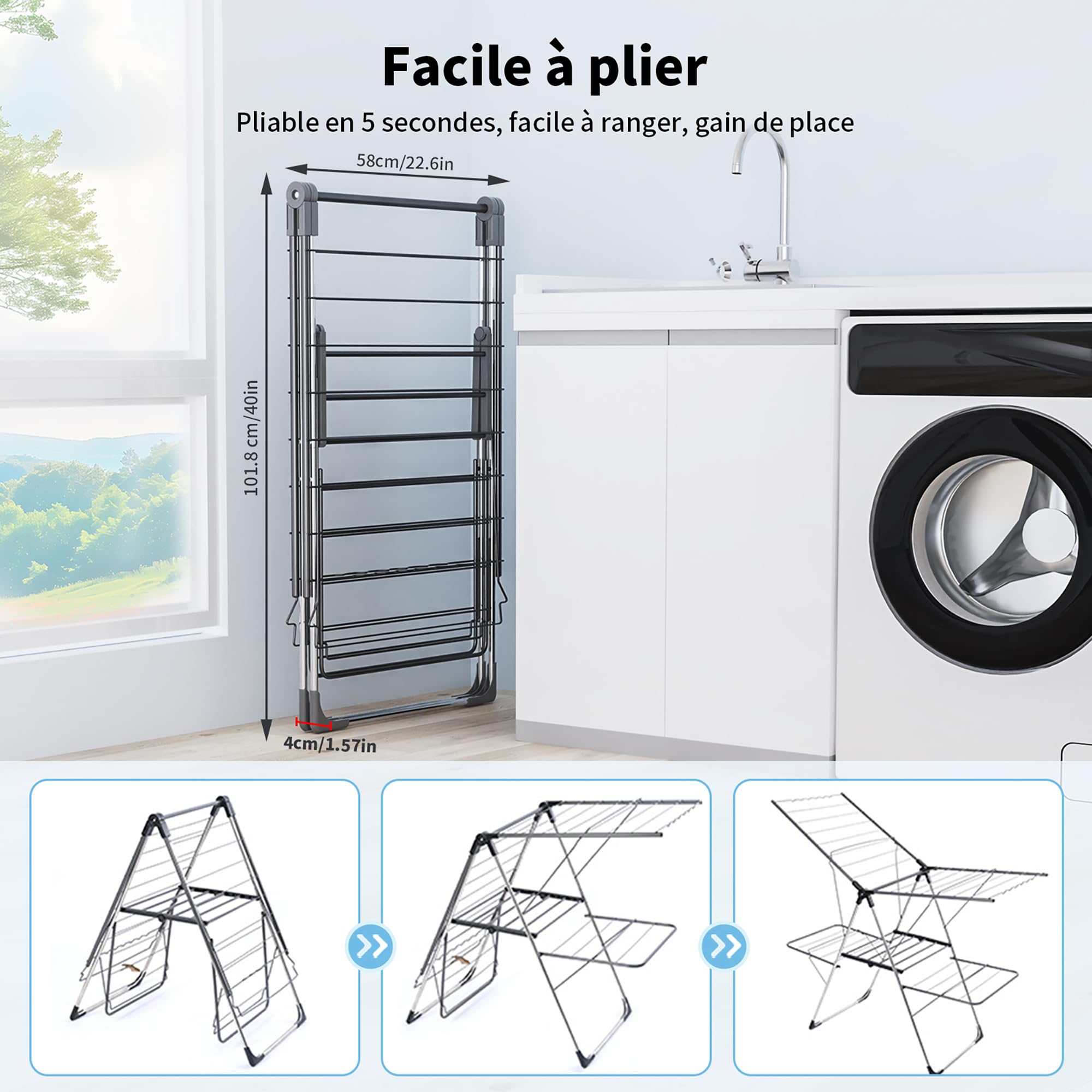 Innotic Étendoir Linge Intérieur Extérieur, Séchoir à Linge Pliable à 2 Niveaux, 4 Ailes Réglables en Hauteur, Tancarville Linge XXL, 33 Barres, Gris