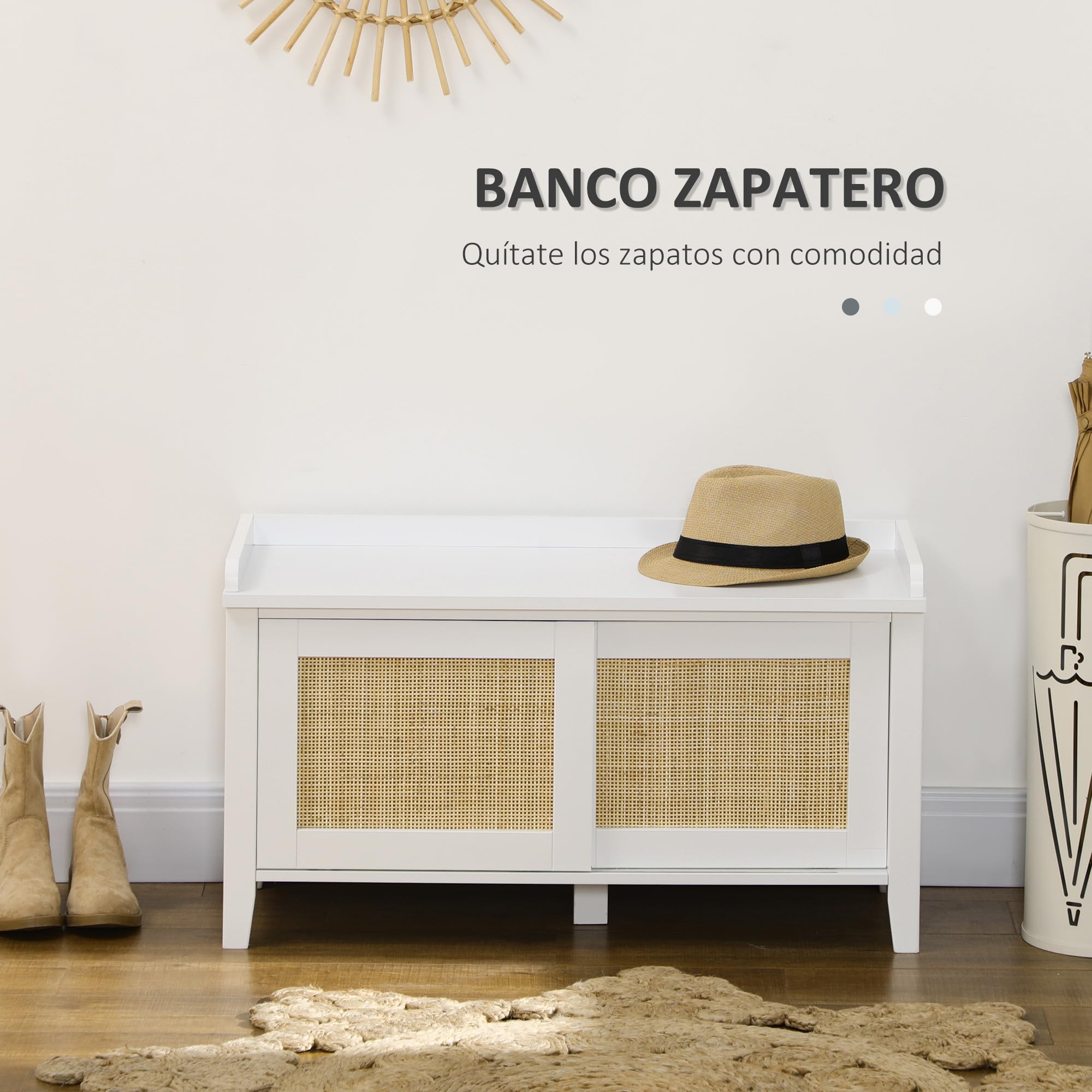 HOMCOM Banco Zapatero con Asiento Mueble Zapatero con Banco 2 Puertas de Ratán Estilo Bohemio Carga 130 kg para Pasillo Entrada 80x35x45 cm Blanco y Natural
