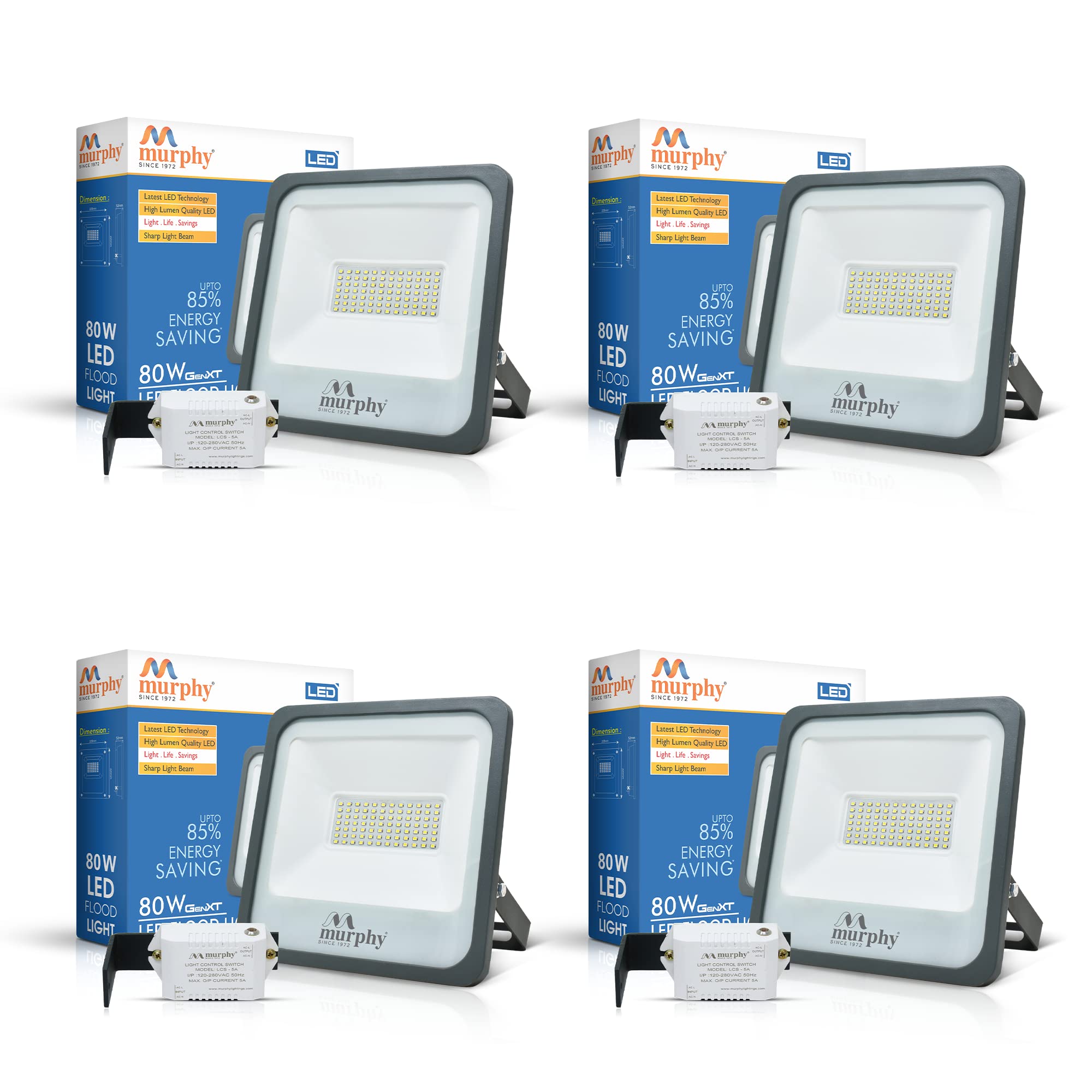 Murphy 80W Led Waterproof with Auto On/Off Day Night Light Sensor Flood Light : Pack of 4 (Aluminium, BIS Approved)