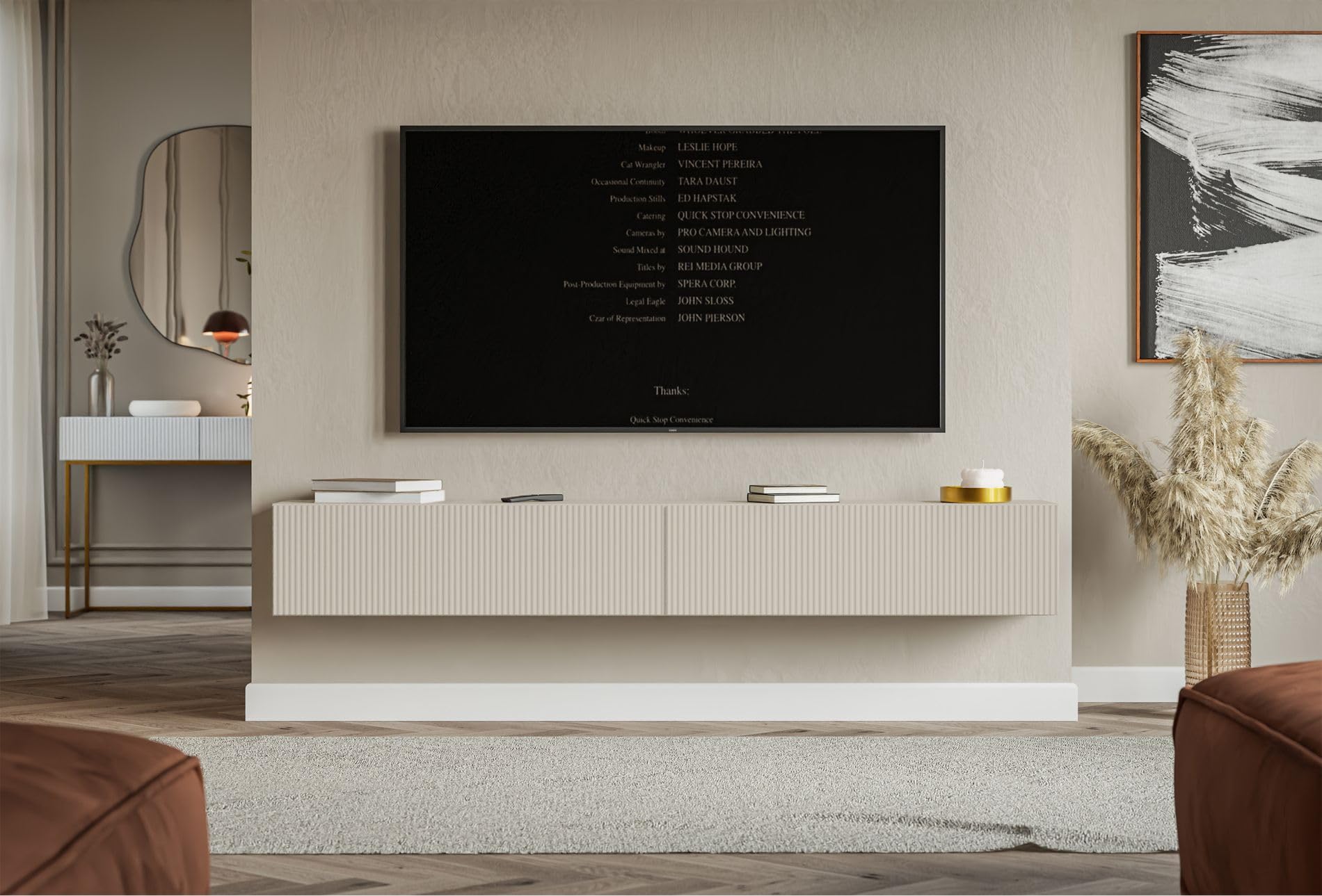 Selsey Meuble TV Suspendu 200 cm Greige Mat Design Moderne – Rangement à 4 Compartiments Façade Rainurée Idéal Déco Élégante et Contemporaine Salon/Chambre Panneau Laminé/MDF Solide