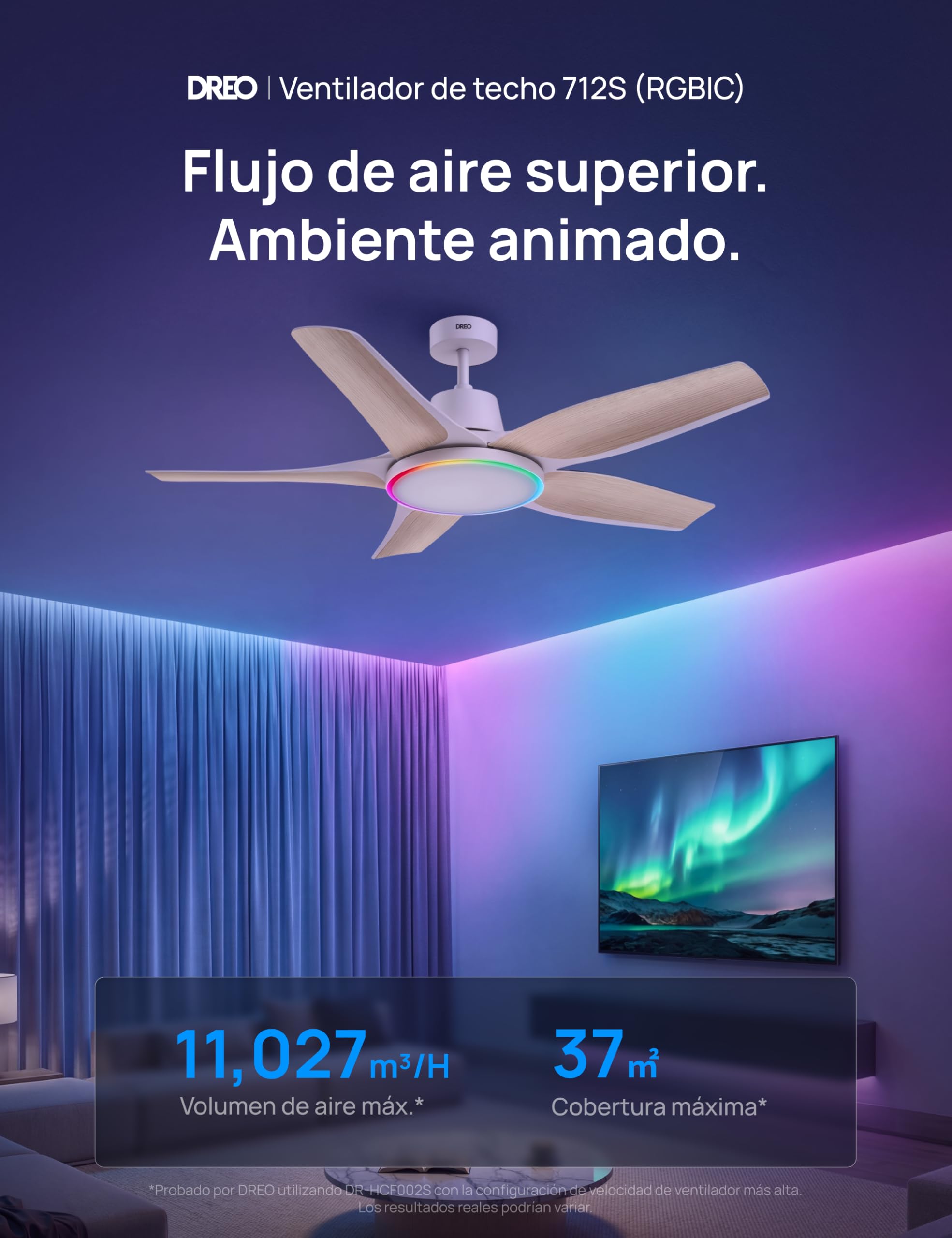 Dreo ventilador de techo inteligente de perfil bajo con luz 132 cm, LED regulable con temperatura de color ajustable, iluminación ambiental RGB, motor CC silencioso, instalación fácil, APP, blanco