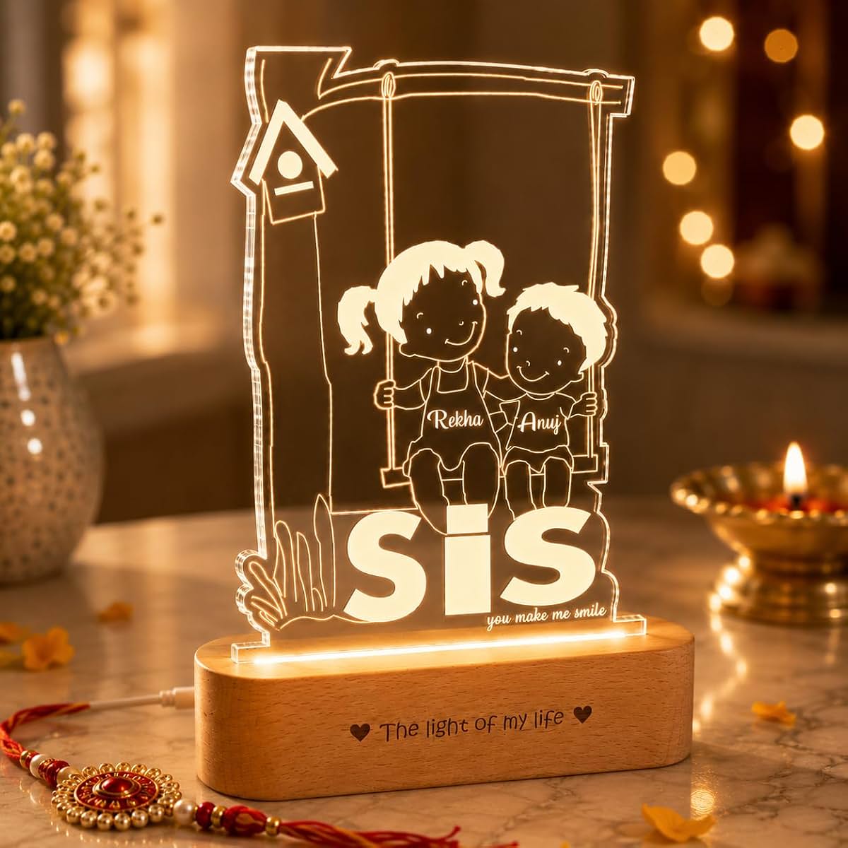 ZOCI VOCI Rakhi Gift for Sister - Personalized SIS Lamp Customized with Names, Nostalgic Raksha Bandhan