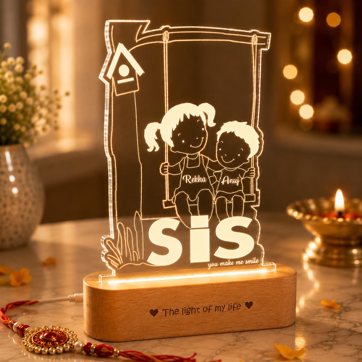 ZOCI VOCI Rakhi Gift for Sister - Personalized SIS Lamp Customized with Names, Nostalgic Raksha Bandhan Gifting Ideas for Sister, Didi, Siblings | Birthday Gifts | Warm White LED