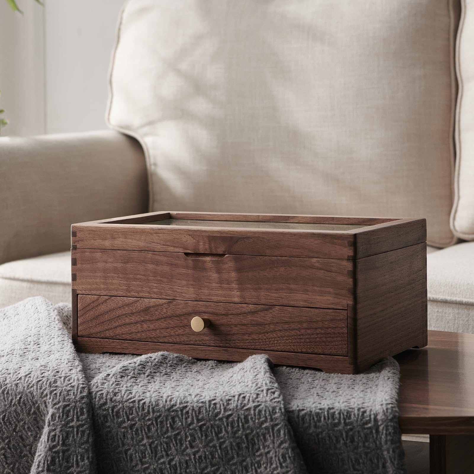 Beexchange Joyero de madera de nogal negro, hecho a mano, tapa de cristal, 1 cajón, regalo para mujeres, hombres y niñas. Organizador de joyas (doble capa)