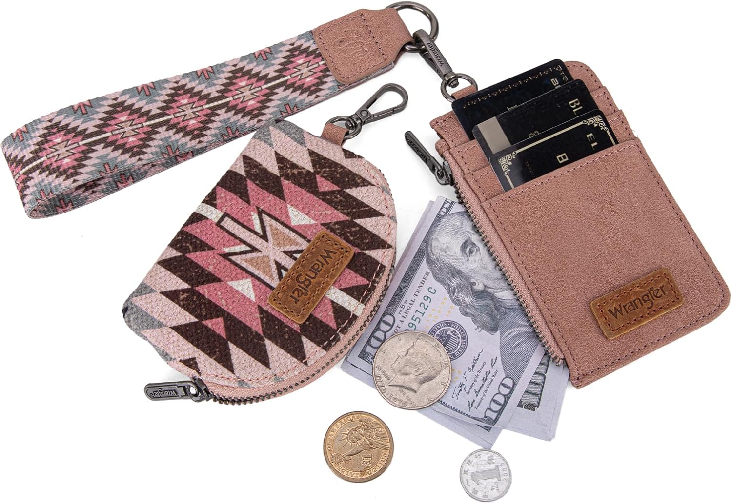 Wrangler Aztec Keychain Wristlet Wallets for Women Western Dual Pouch Wristlet Credit Card Holder Wallet with Zipper Pocket WG2213-W0051DPK - Image 4