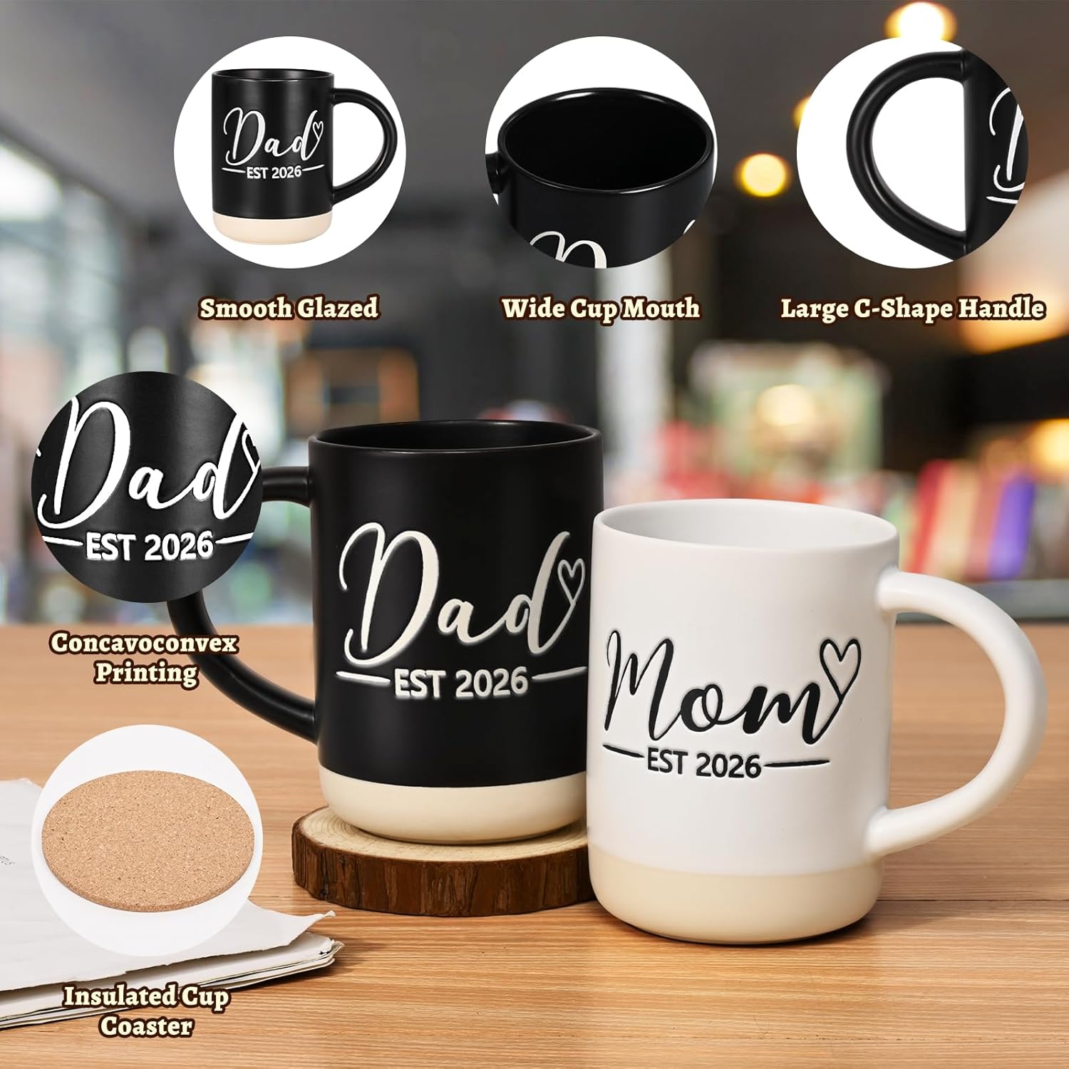 YHRJWN Mom and Dad Mugs Est 2026-16Oz, New Parents Gifts for Couples, New Mom and Dad Gifts for Expecting First Time Parents, Christmas Gift for Couples