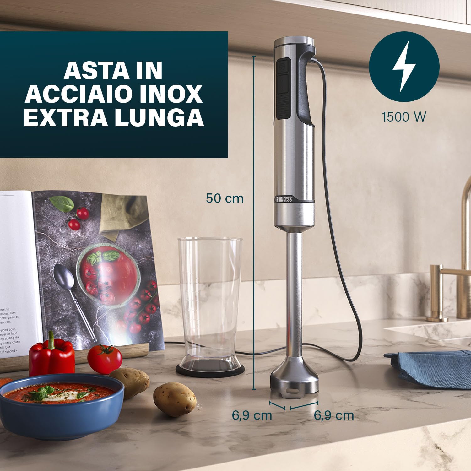 Princess Frullatore a Immersione in Acciaio Inox Prof XXL, 1500W, Asta Extra Lunga 50 cm, 5 Velocità + Turbo, 4 Lame, Bicchiere con Coperchio, Parti Lavabili, 221233