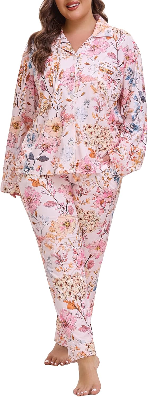 Plus Size Pajamas for Women Set Long Sleeve Button Down Pjs Sets Soft Sleepwear with Pockets - Image 2