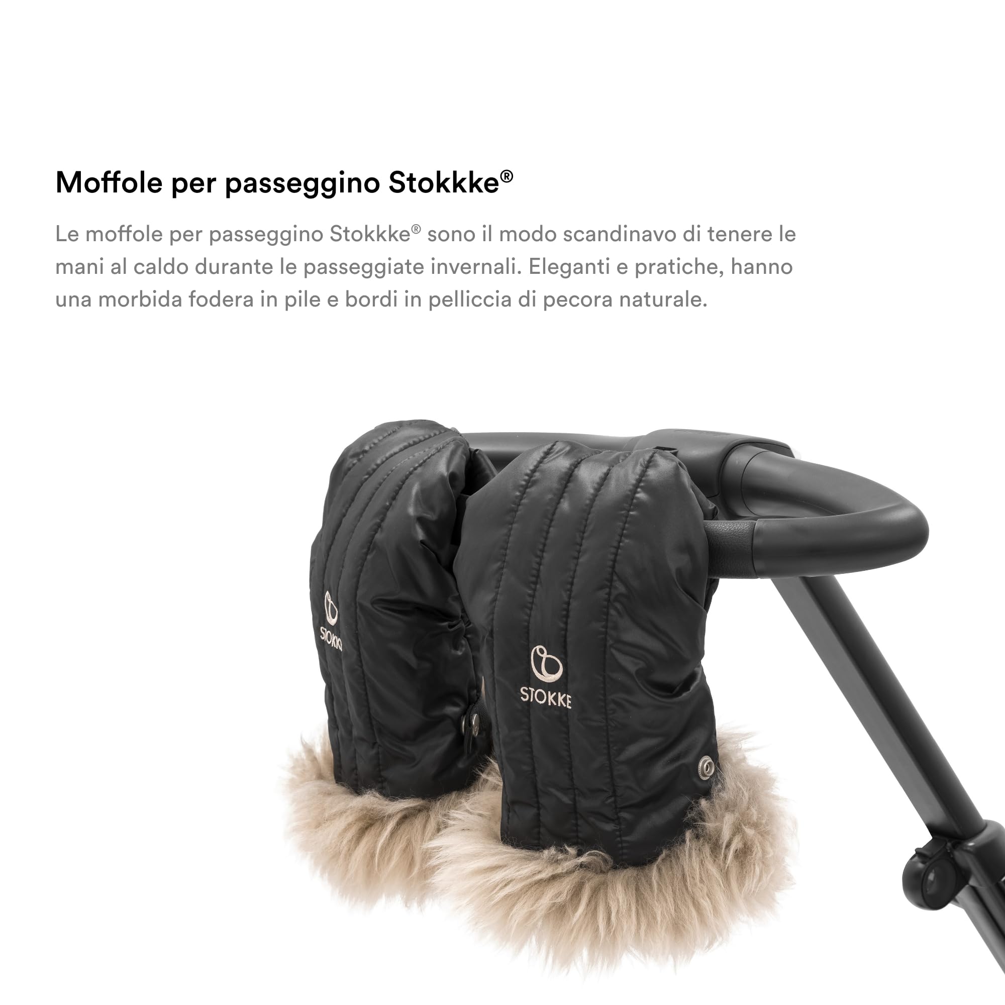 Moffole per passeggino Stokke, nero onice - Morbida fodera in pile e bordi in pelliccia di pecora naturale - Si attaccano a tutti i passeggini Stokke