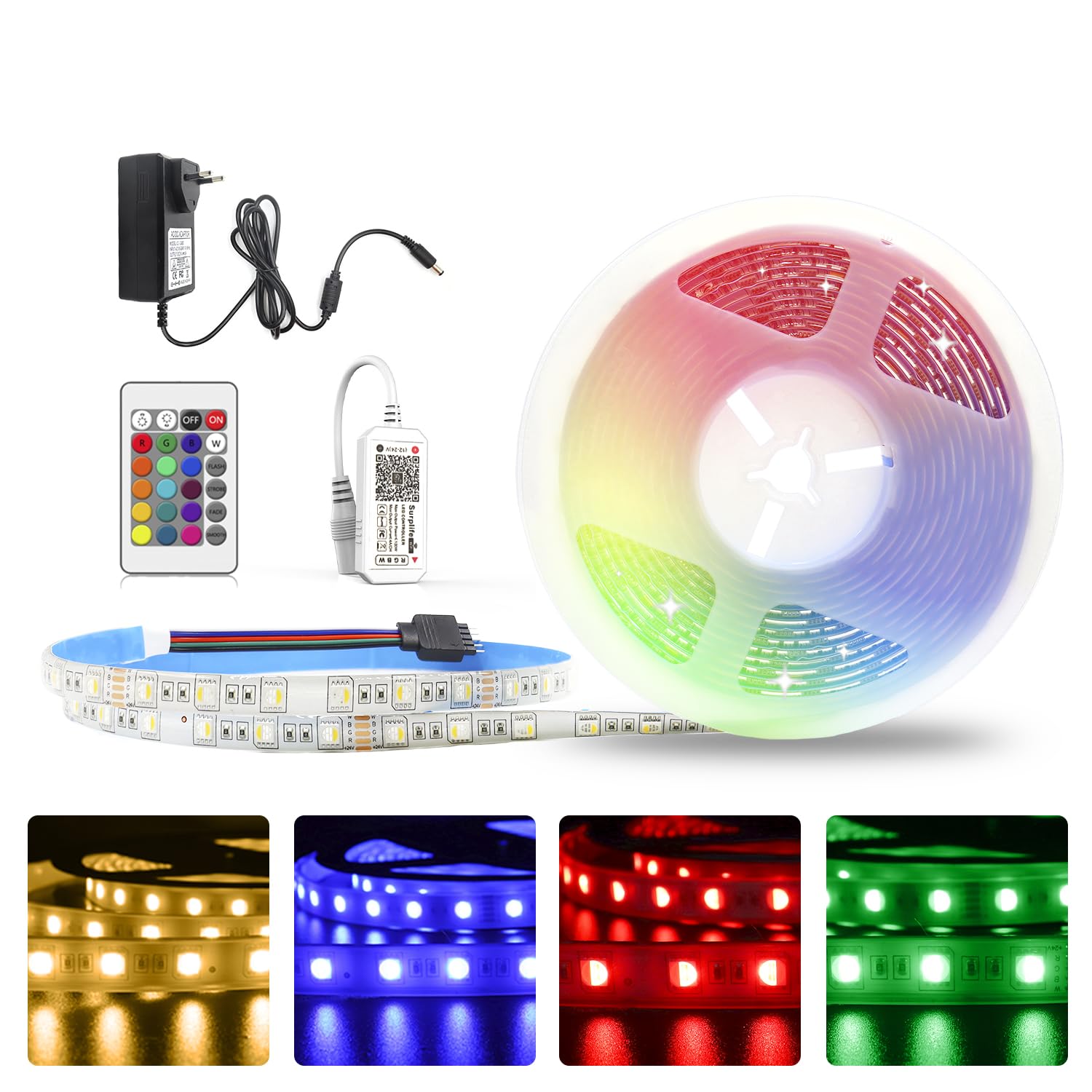 5M WiFi RGBW LED Streifen 24V Wasserdicht IP65, LED Strip RGB+Warmweiß 3000K dimmbar mit Controller und Netzteil, 60LEDs/m Farbwechsel LED Band für Innen Außen, Kompatibel mit APP Alexa, Google home