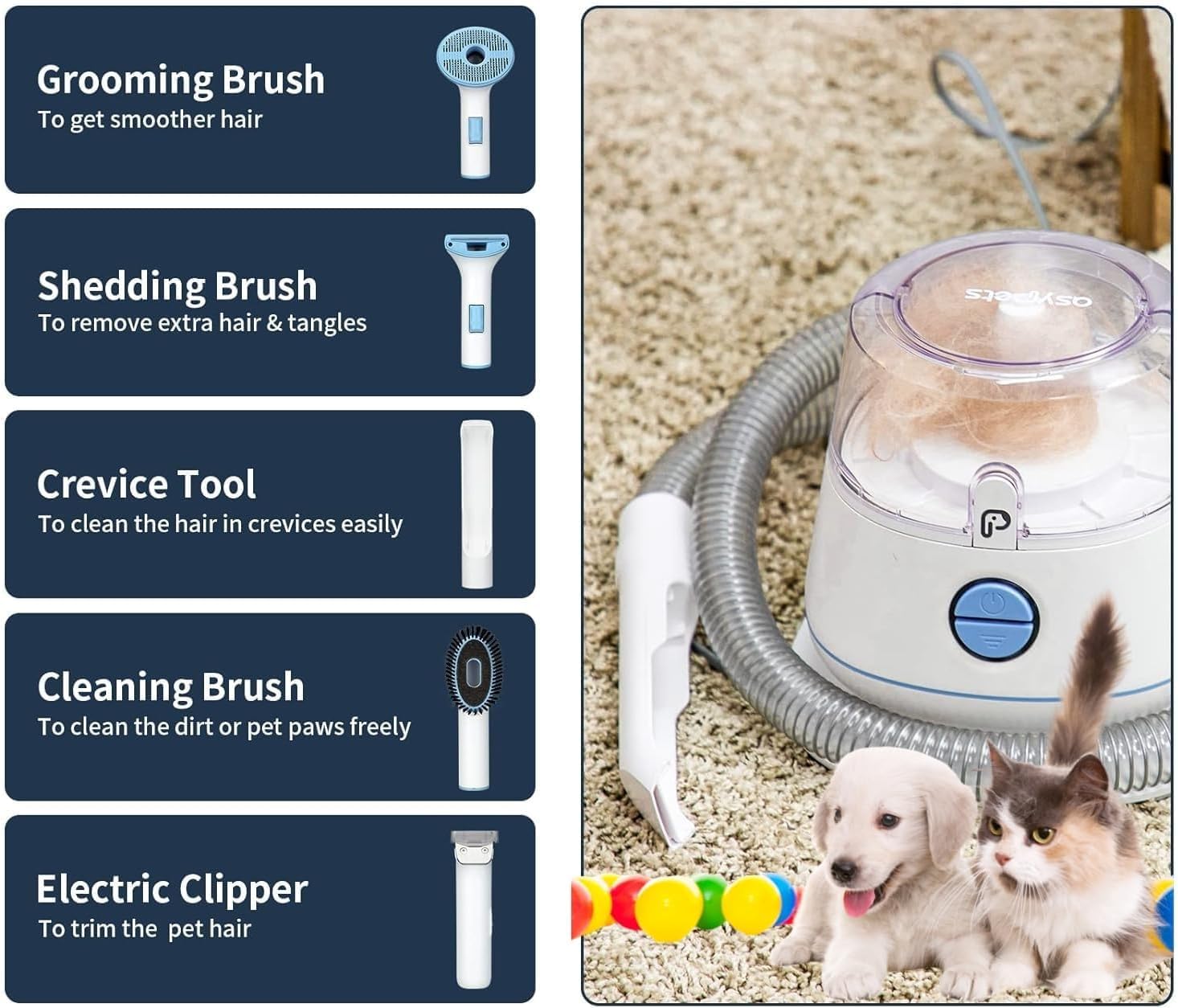 Kit di toelettatura per cani, kit professionale a basso rumore per la toelettatura degli animali domestici Aspirazione 99% peli di animali domestici, materiale ABS, silenzioso, toelettatore