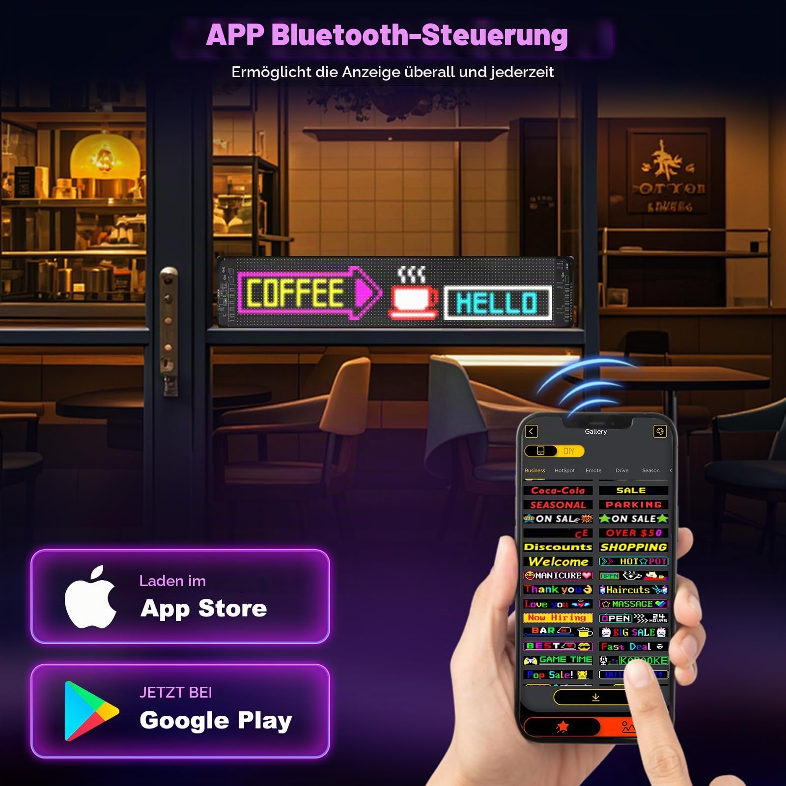 19 * 90Cm Flexibler LED Anzeigetafel, Programmierbare RGB-Laufschrift per Bluetooth Smart App, Devil Eyes Augen für Auto，Personalisiert für Bar, Werbung, Restaurant, Store, Party Dekoration