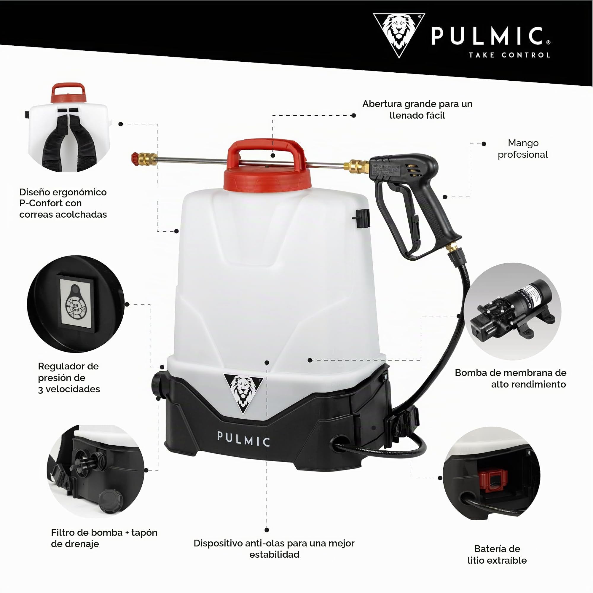 PULMIC Pegasus 15 Pulverizador Eléctrico Mochila 15 L, 7 Bar, Batería 18V, Lanza Acero INOX, Kit Boquillas Quick Connect, Manguera 10 m, Pulverización Profesional