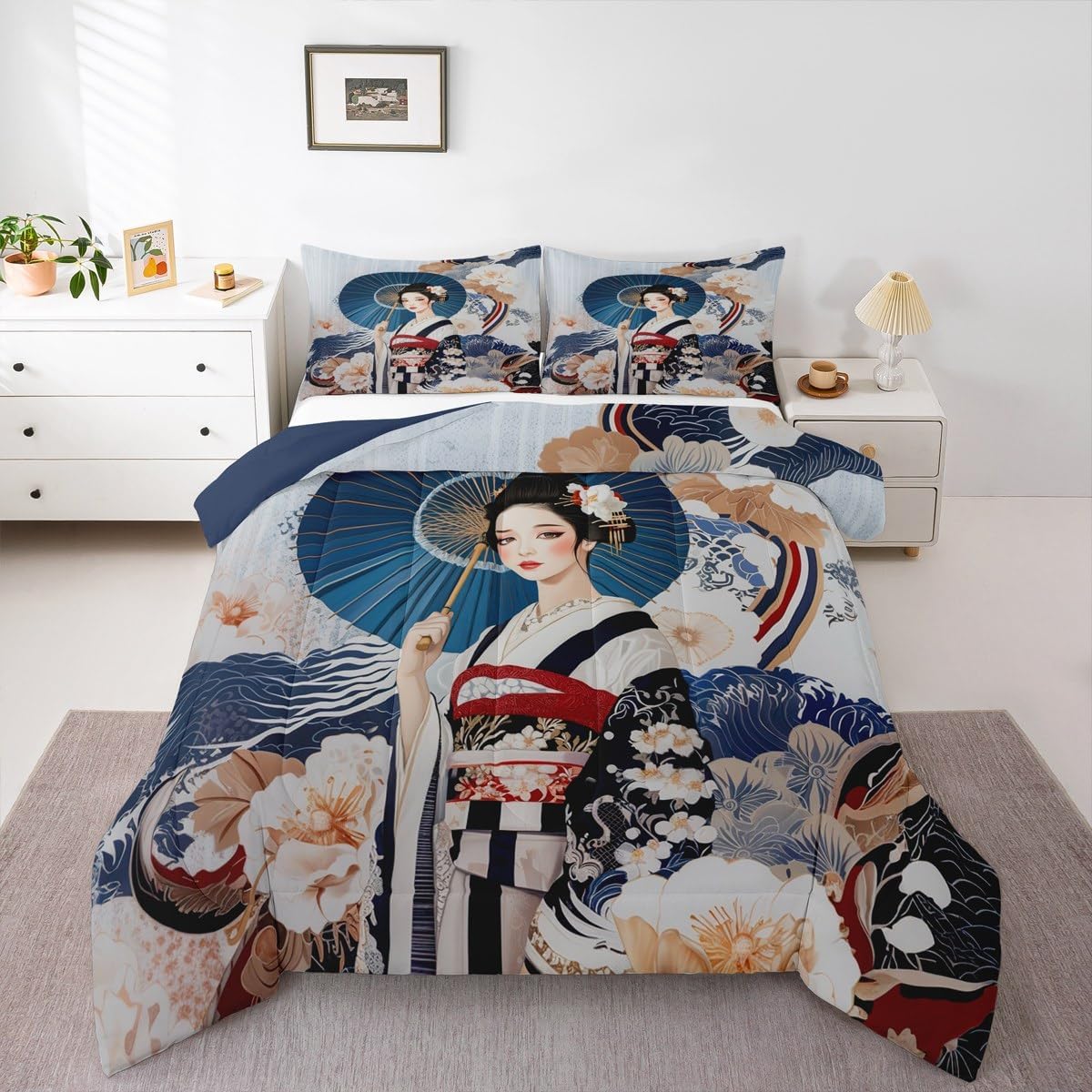 jejeloiu Japan Geisha Comforter Set Queen Size Kids Flower Floral Pattern Bedding Set for Boys Girls Teens Japanese Ocean Wave Style Duvet Quilt Room Decor