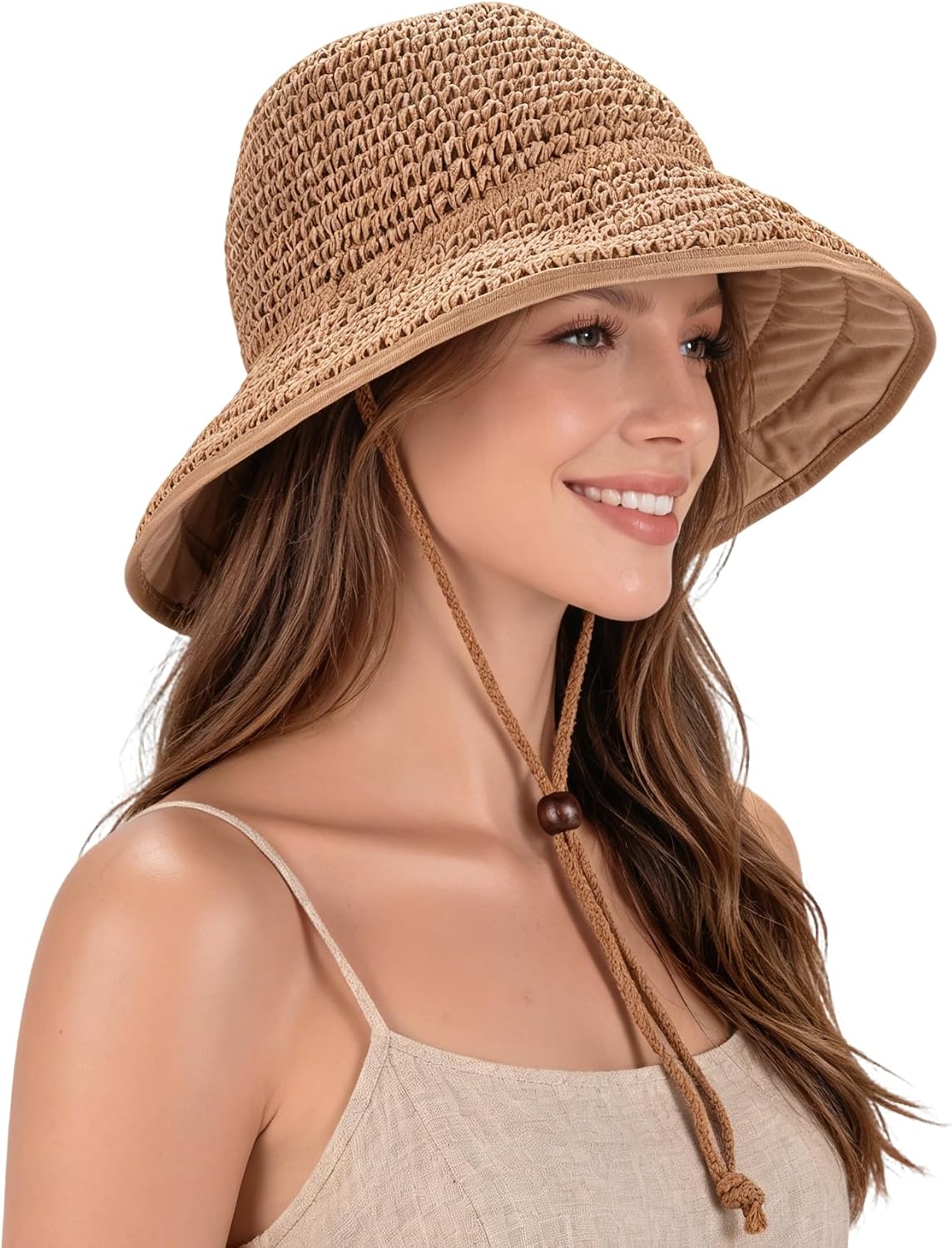 Women's Straw Sun Hat, Wide Brim Packable Bucket Hat for Summer Beach | UPF50 UV Protection with Soft Lining, Adjustable Fit, Chin Strap & Sweatband, Lightweight & Breathable