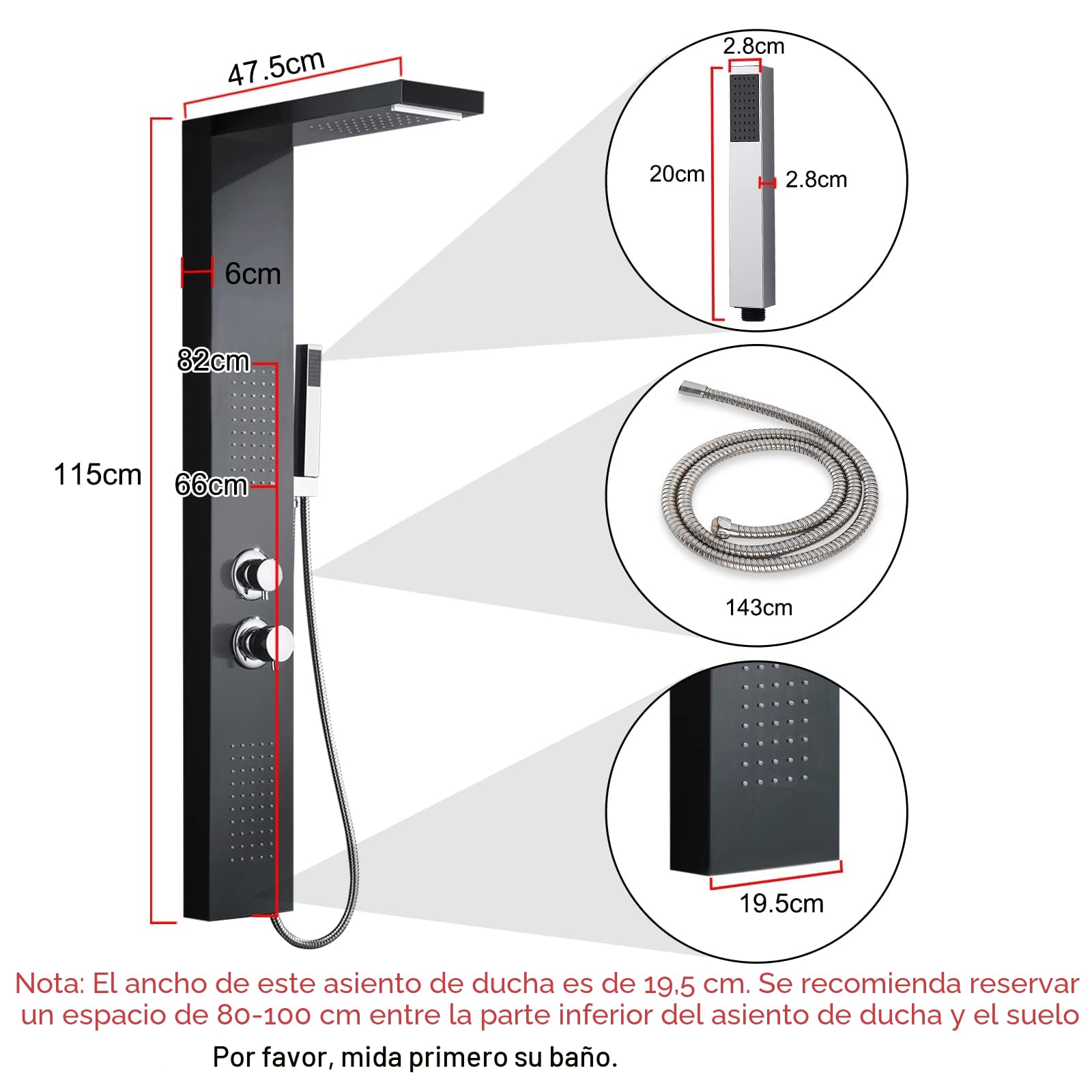 UISEBRT Columna de ducha de acero inoxidable 4 IN 1 Multifunción Panel de Ducha Panel de ducha con ducha de lluvia, ducha de masaje, ducha cascada, con alcachofa de mano (Negro mate)