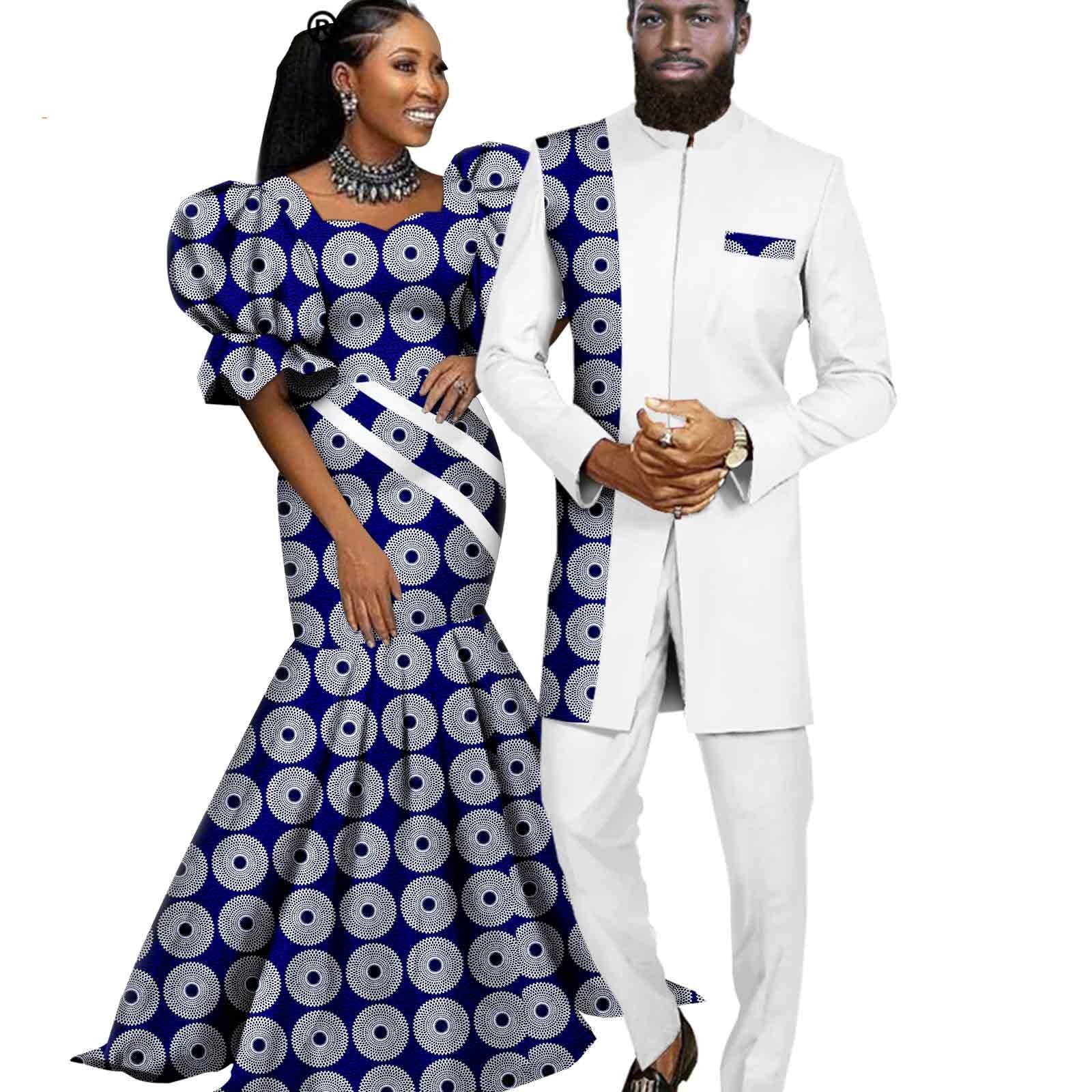 African Women Print Long Dresses Matching Couple Outfits Dashiki Clothes Bazin Men Suits Jacket and Pant Sets A